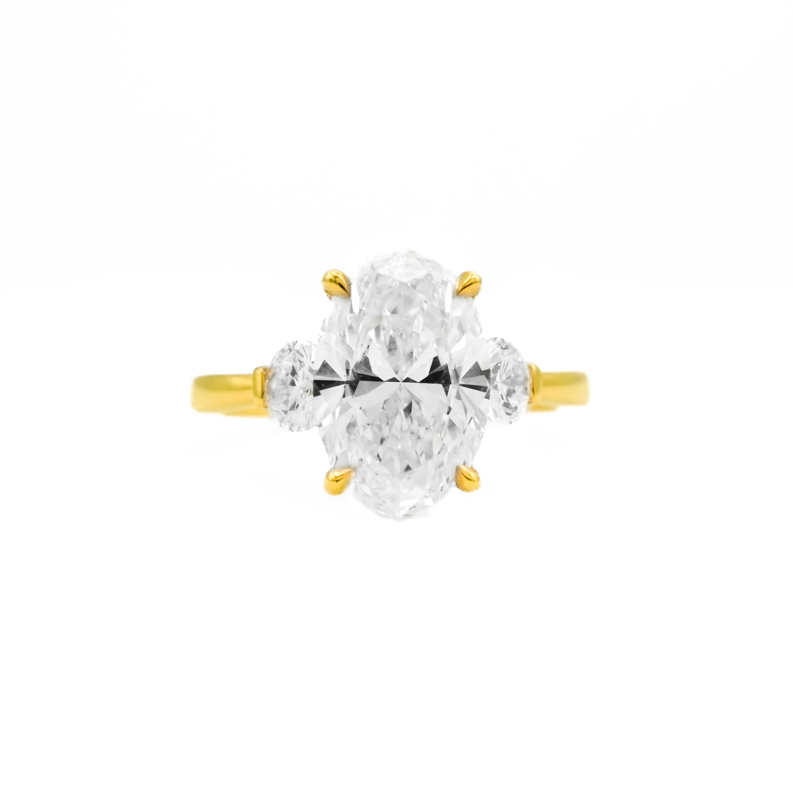 14K Yellow Gold Three Stone with Ovals Engagement Ring 3.50 CT