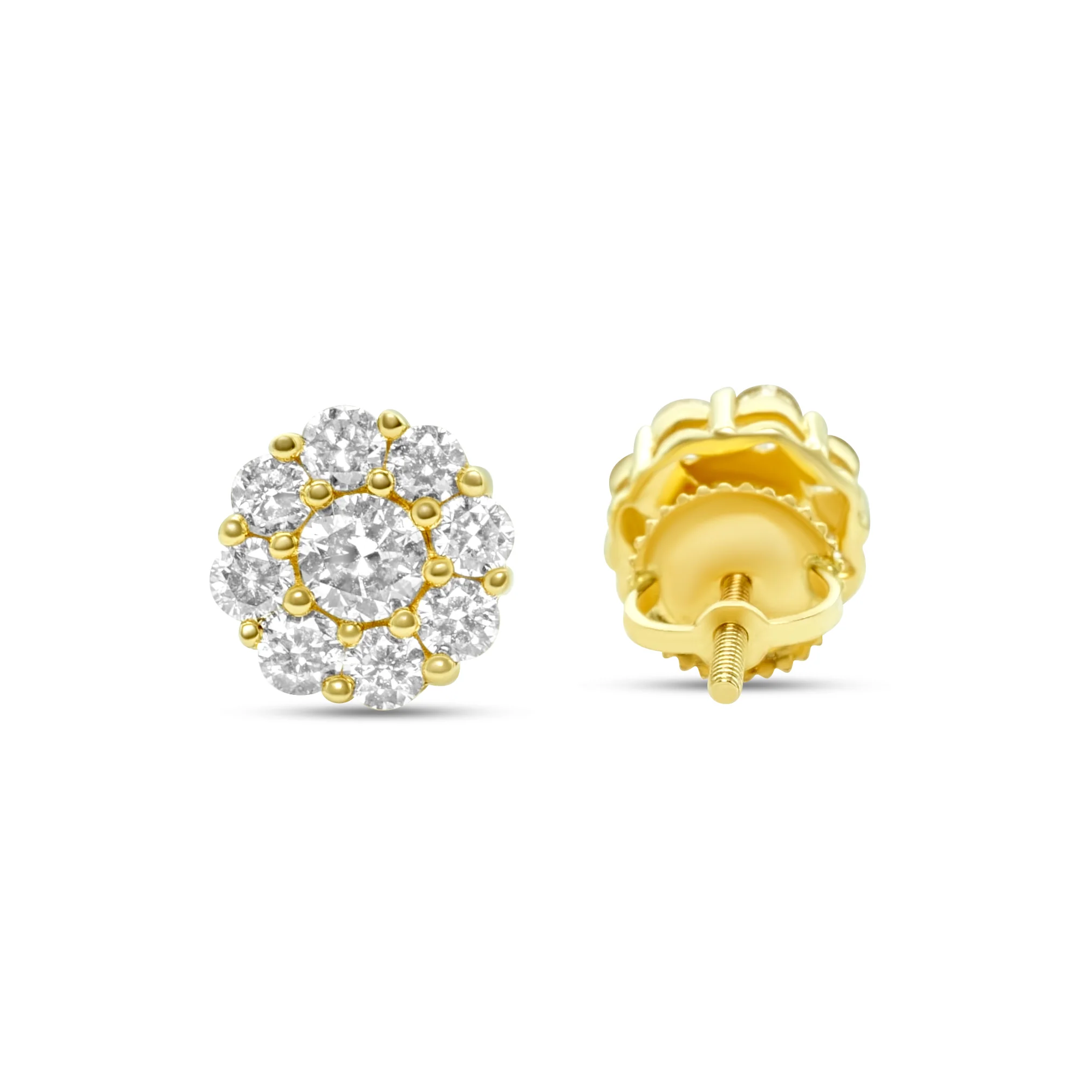 14K Yellow Gold Round Diamond Cluster Stud Earrings 1.02 CT - Image 3