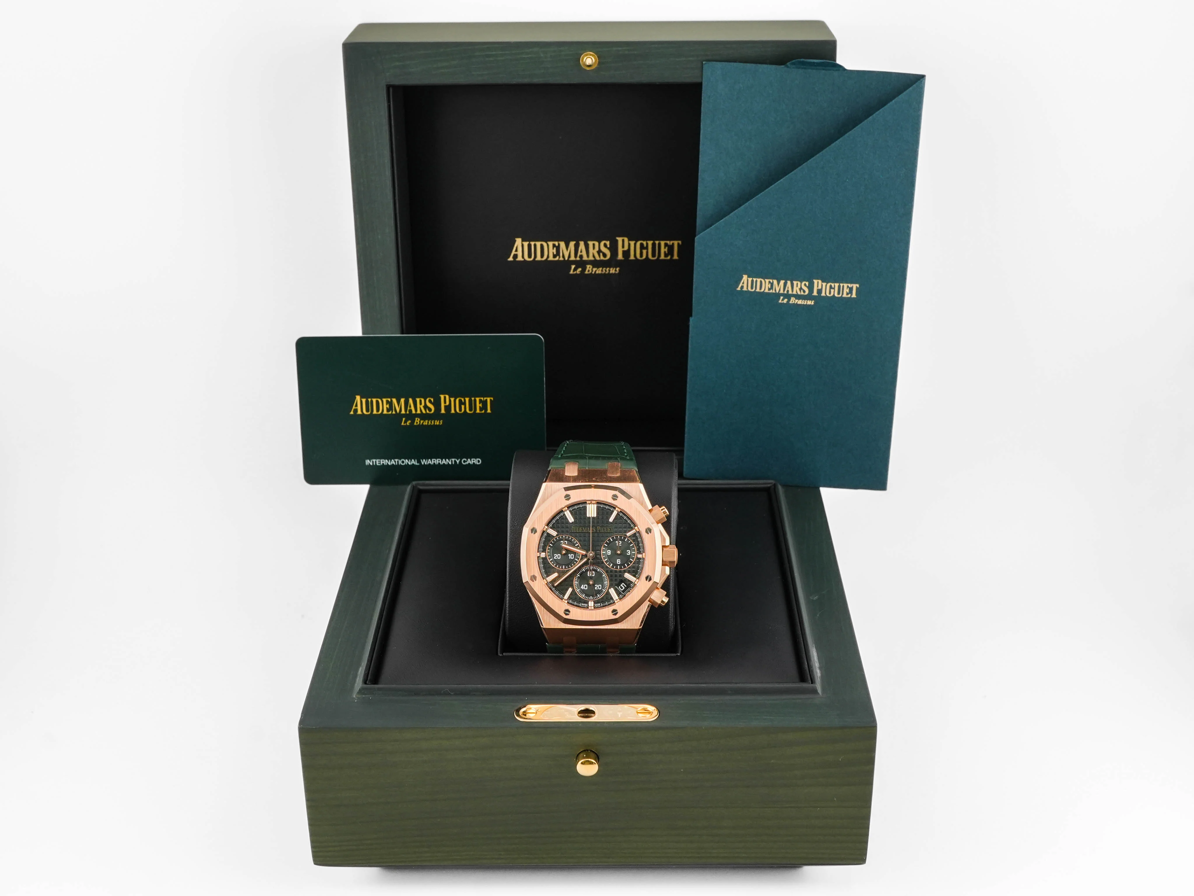 Audemars Piguet Royal Oak Chronograph 18K Rose Gold Green Dial Green Leather Strap Box and Papers 2024 - Image 2