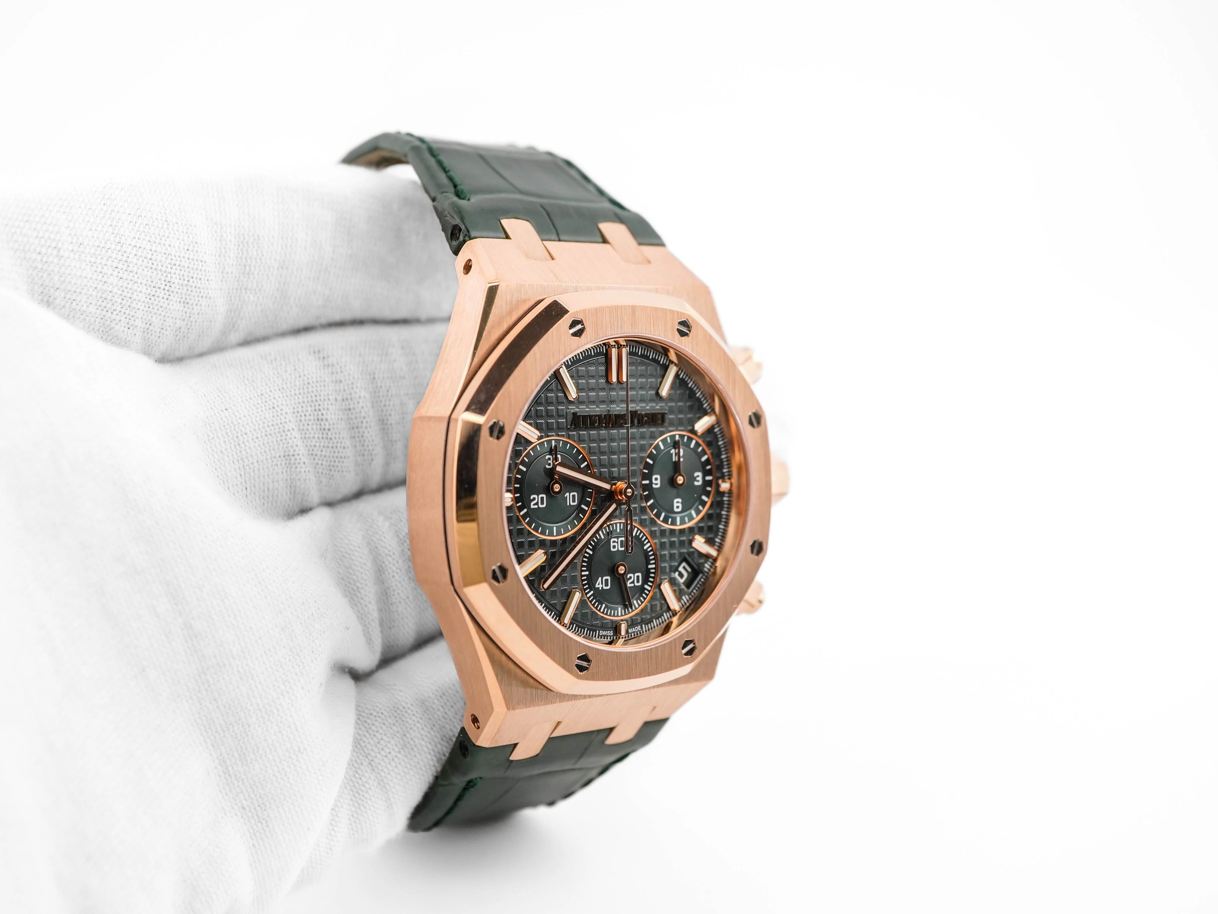 Audemars Piguet Royal Oak Chronograph 18K Rose Gold Green Dial Green Leather Strap Box and Papers 2024 - Image 5
