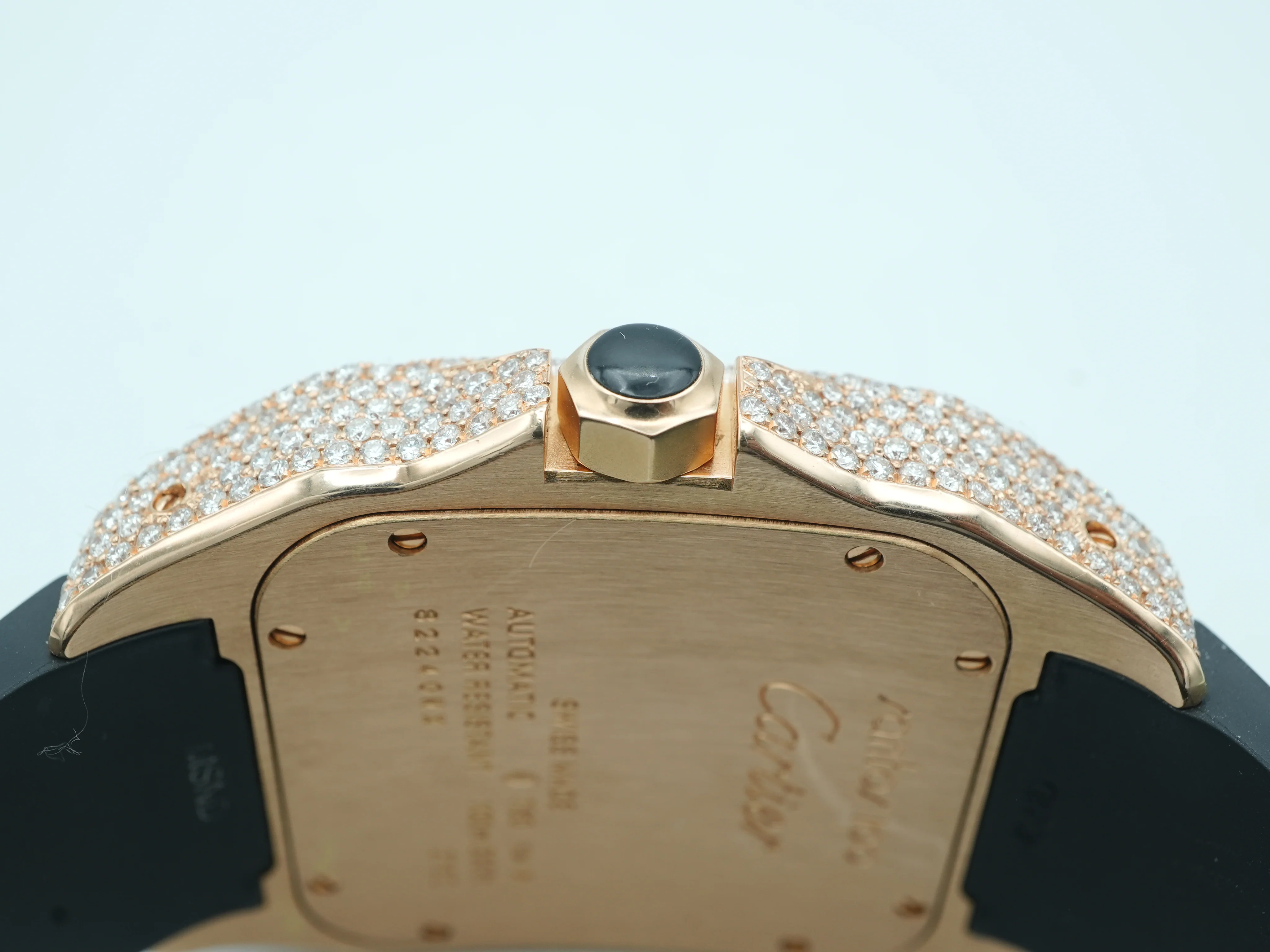 Cartier Santos 100 Large 18K Rose Gold Fully Iced Out Black Roman Dial Rubber Strap 2008 - Image 8
