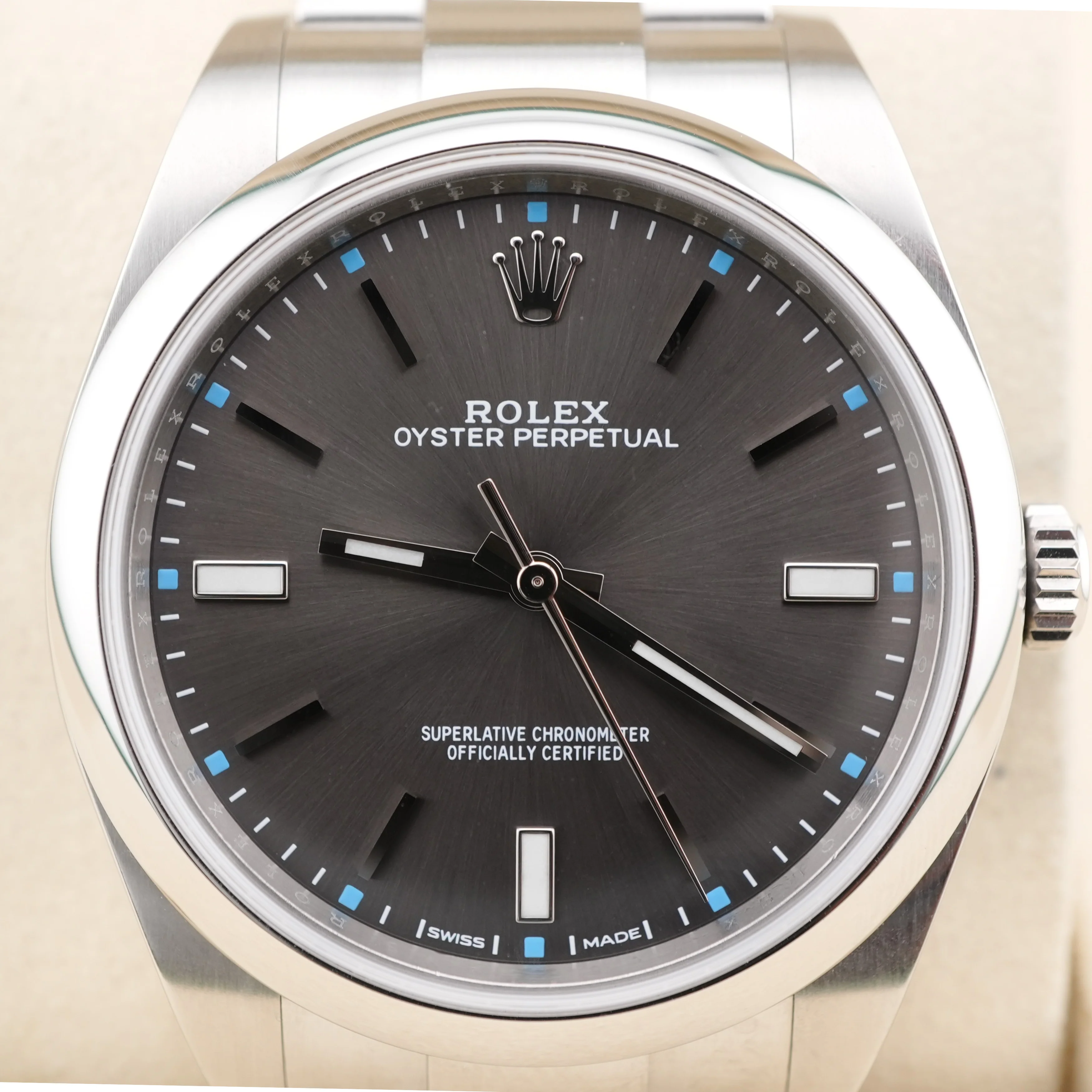 Rolex 114300 Oyster Perpetual 39 mm Smooth Bezel Dark Rhodium Grey Dial Box and Papers 2018 - Image 4