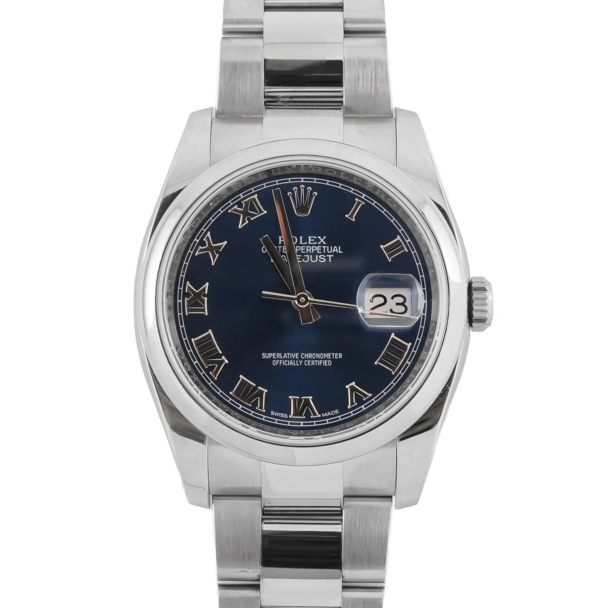 Rolex 116200 Datejust 36 mm Smooth Bezel Blue Roman Dial Oyster Bracelet Box and Papers 2019