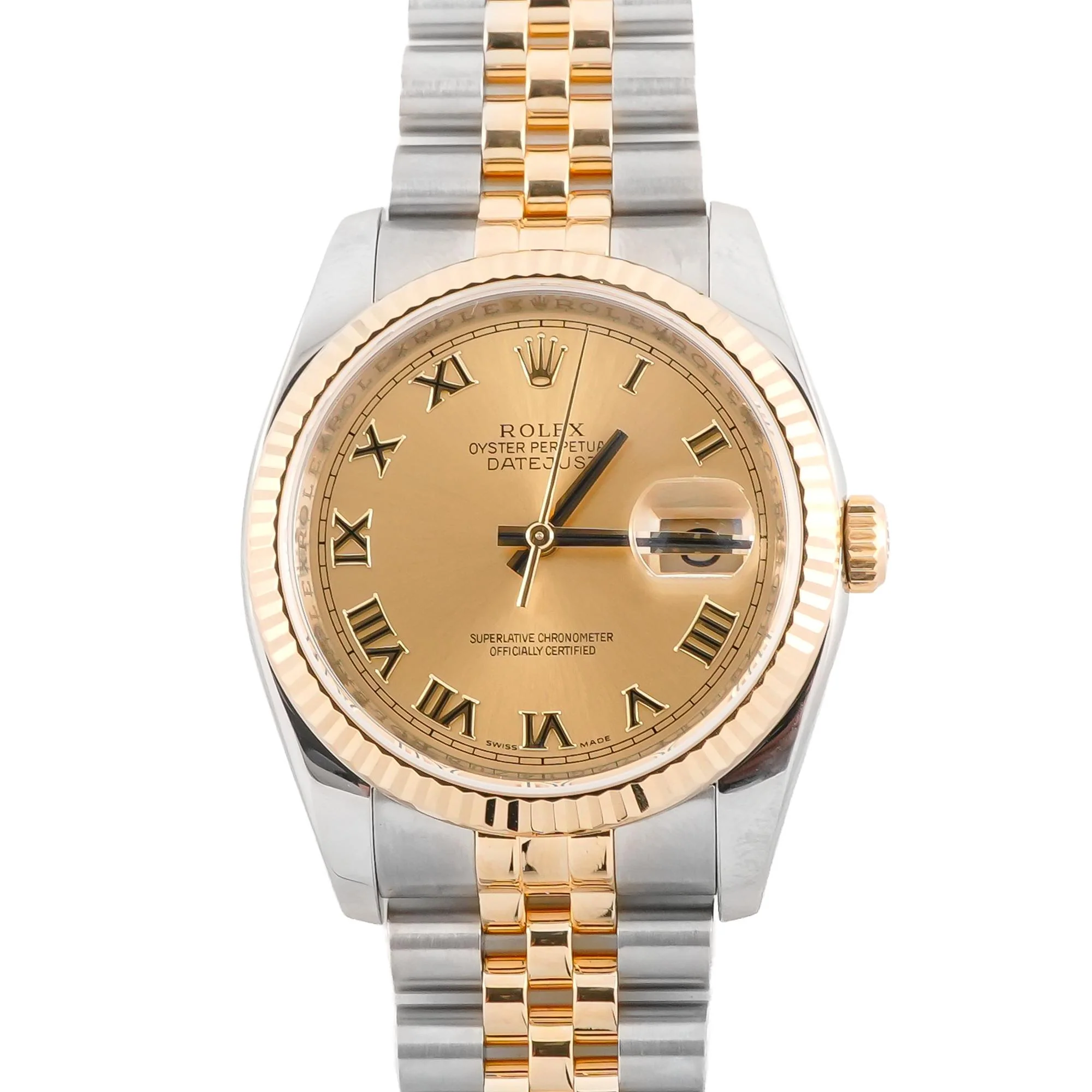 Rolex 116233 Datejust 36 mm Fluted Bezel Champagne Roman Dial Jubilee Bracelet Box and Papers 2015