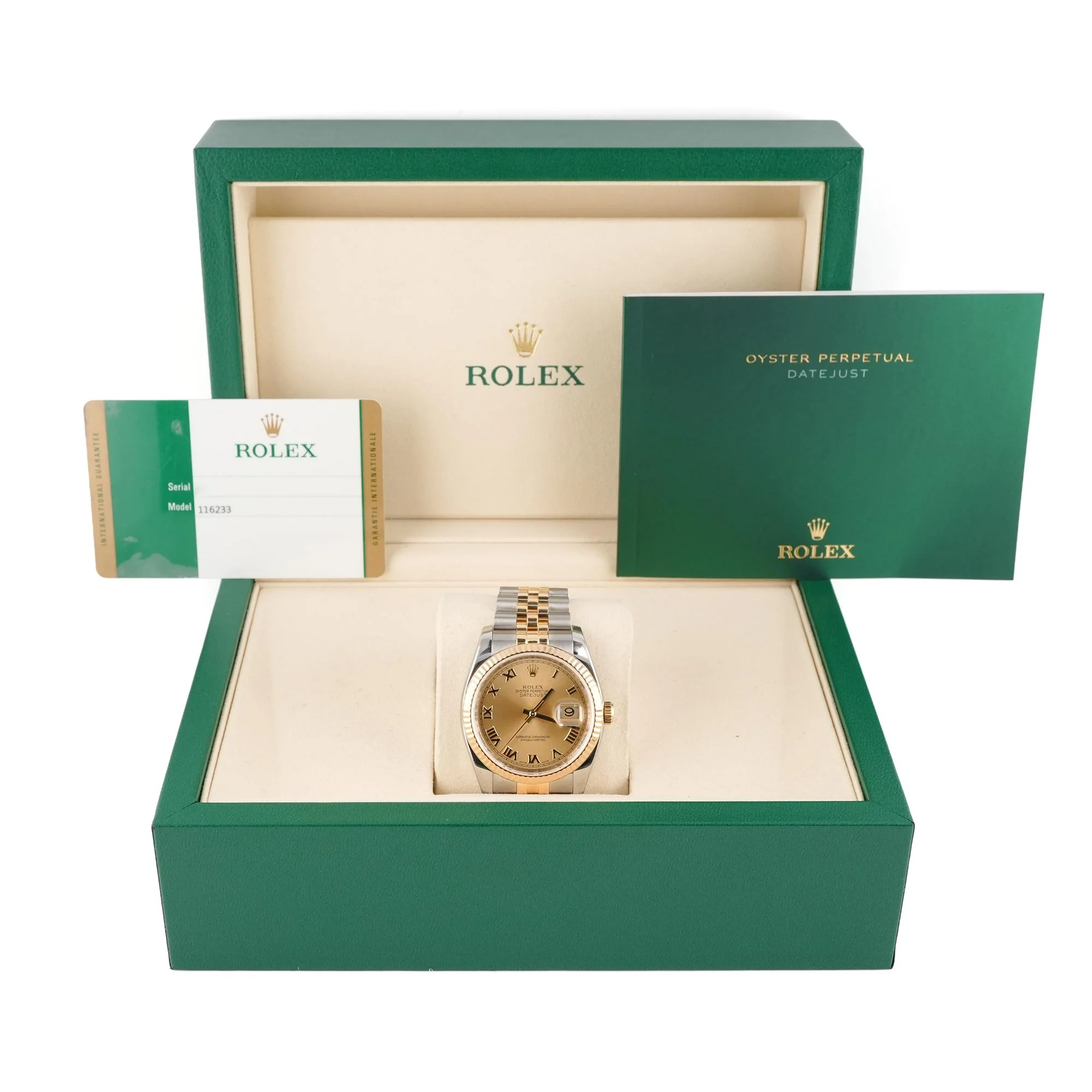 Rolex 116233 Datejust 36 mm Fluted Bezel Champagne Roman Dial Jubilee Bracelet Box and Papers 2015 - Image 2