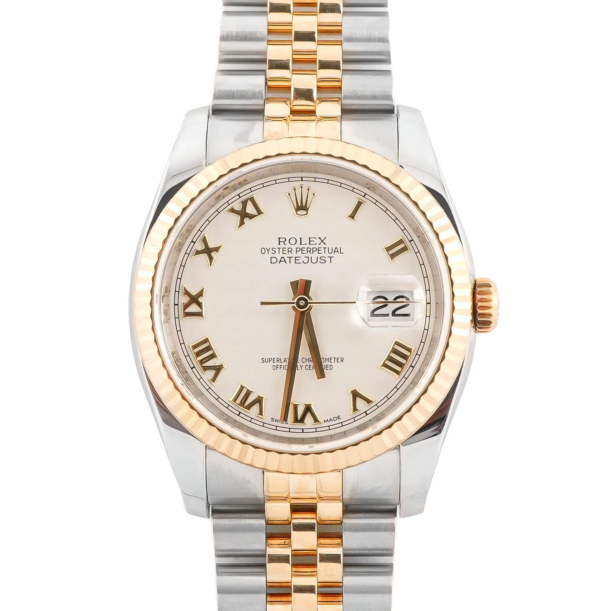 Rolex 116233 Datejust 36 mm Fluted Bezel Ivory Pyramid Roman Dial Jubilee Bracelet Box and Papers 2017