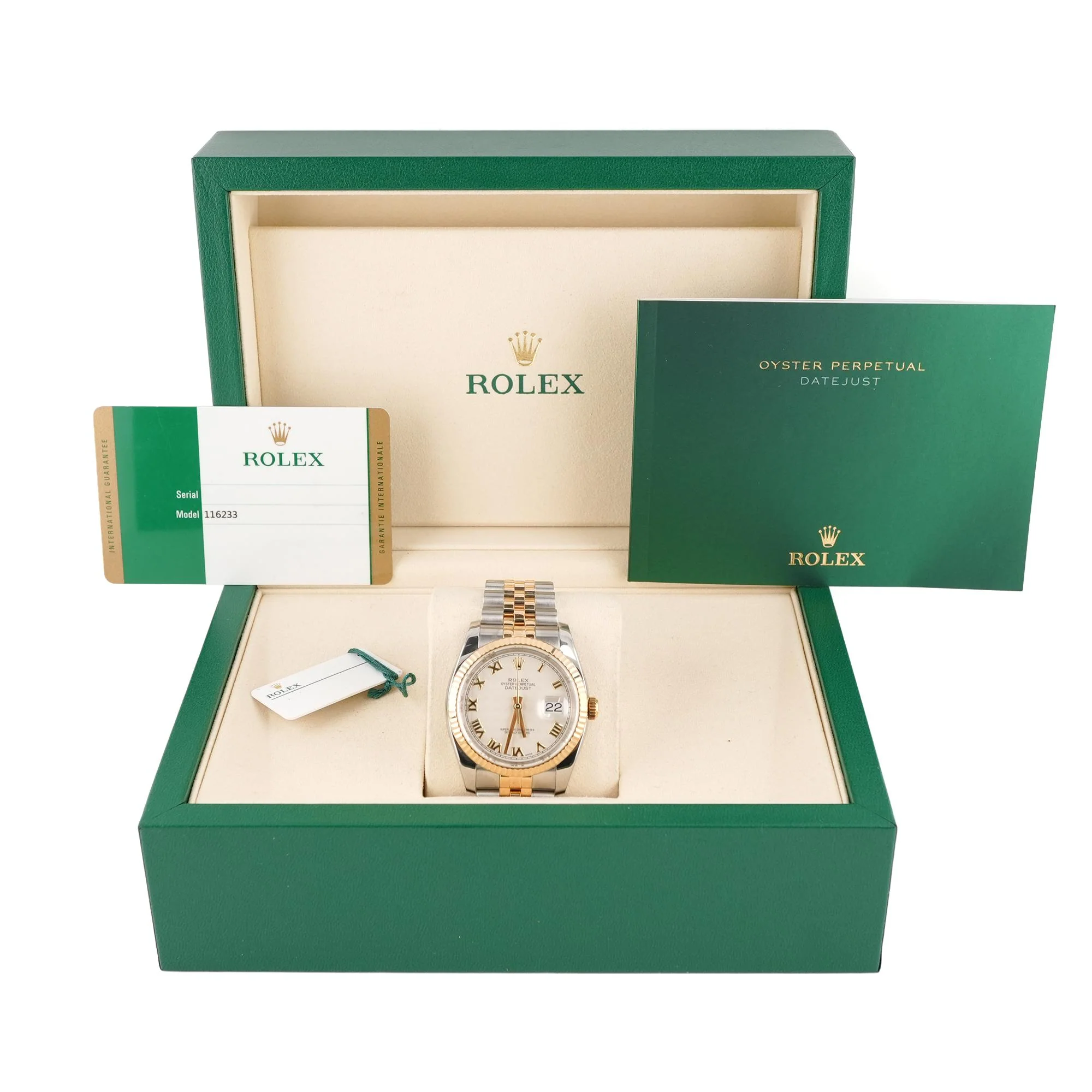 Rolex 116233 Datejust 36 mm Fluted Bezel Ivory Pyramid Roman Dial Jubilee Bracelet Box and Papers 2017 - Image 2
