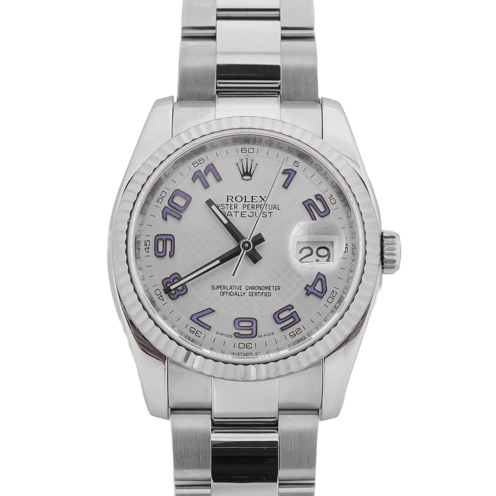 Rolex 116234 Datejust 36 mm Fluted Bezel Silver Arabic Dial Oyster Bracelet Box and Papers 2013