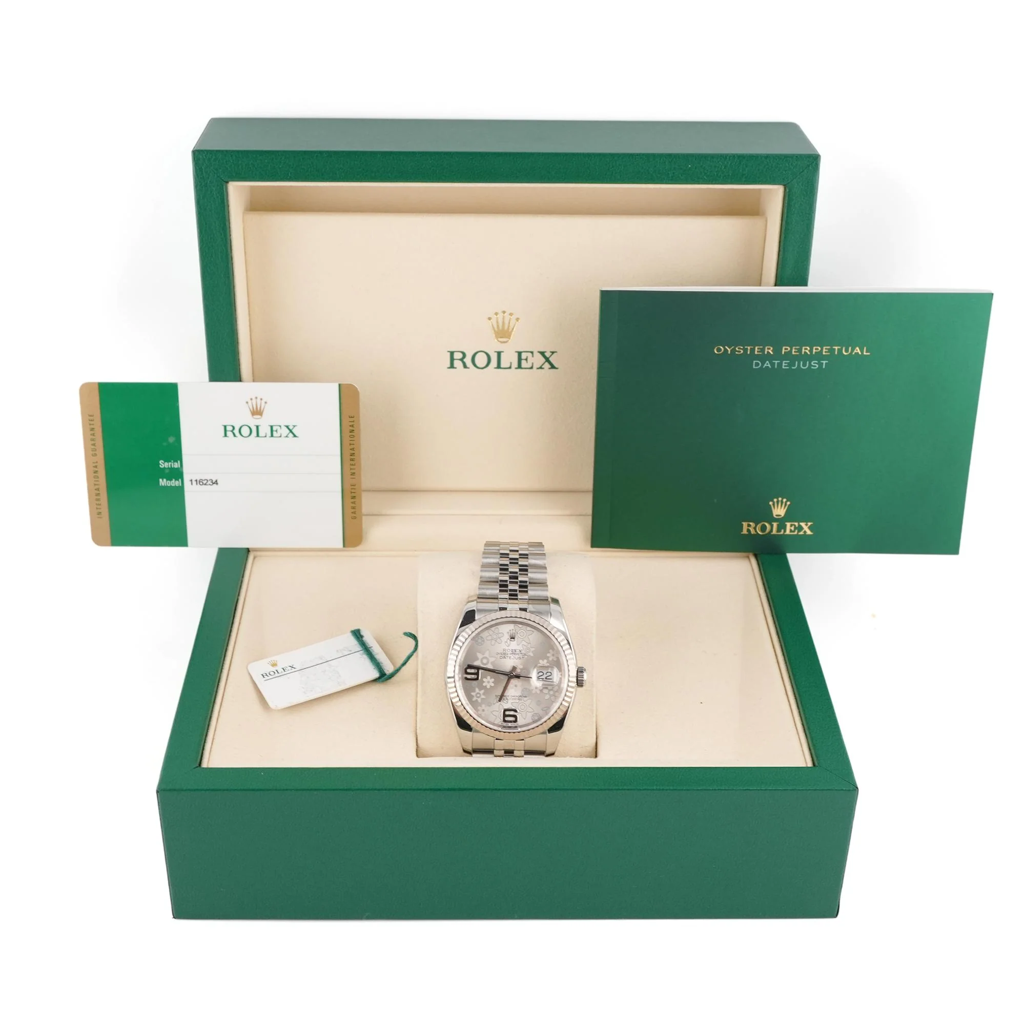 Rolex 116234 Datejust 36 mm Fluted Bezel Silver Floral Dial Jubilee Bracelet Box and Papers 2019 - Image 2