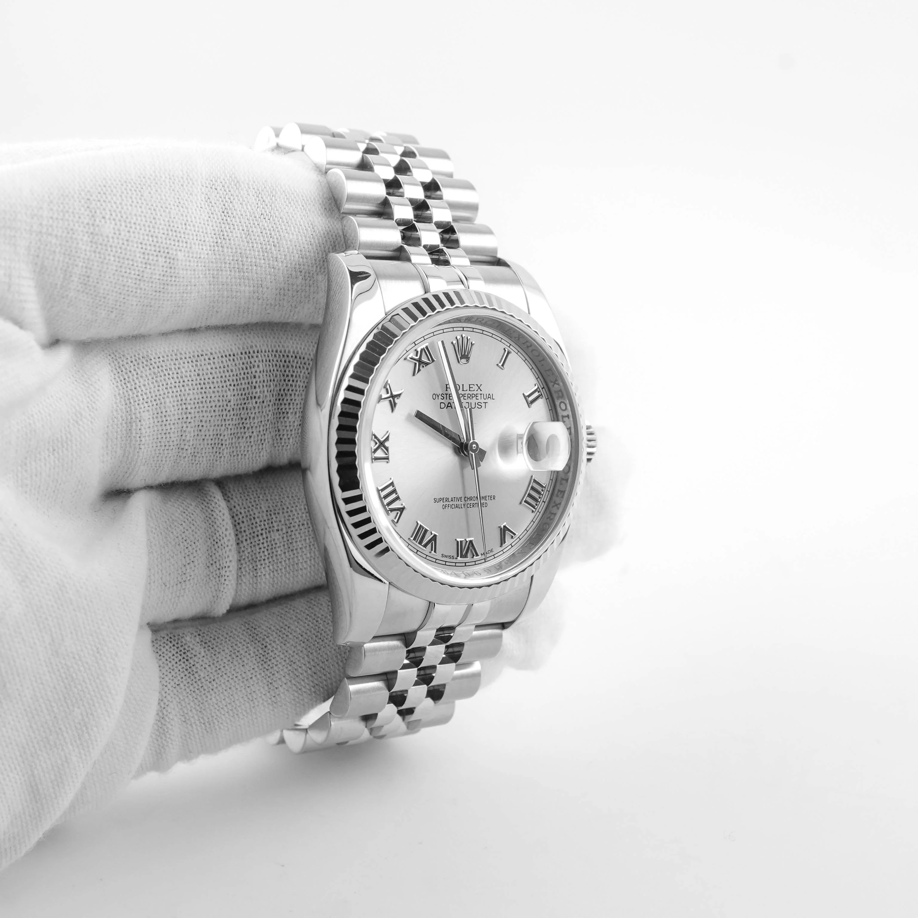 Rolex 116234 Datejust 36 mm Fluted Bezel Silver Roman Dial Jubilee Bracelet Box and Papers 2017 - Image 4