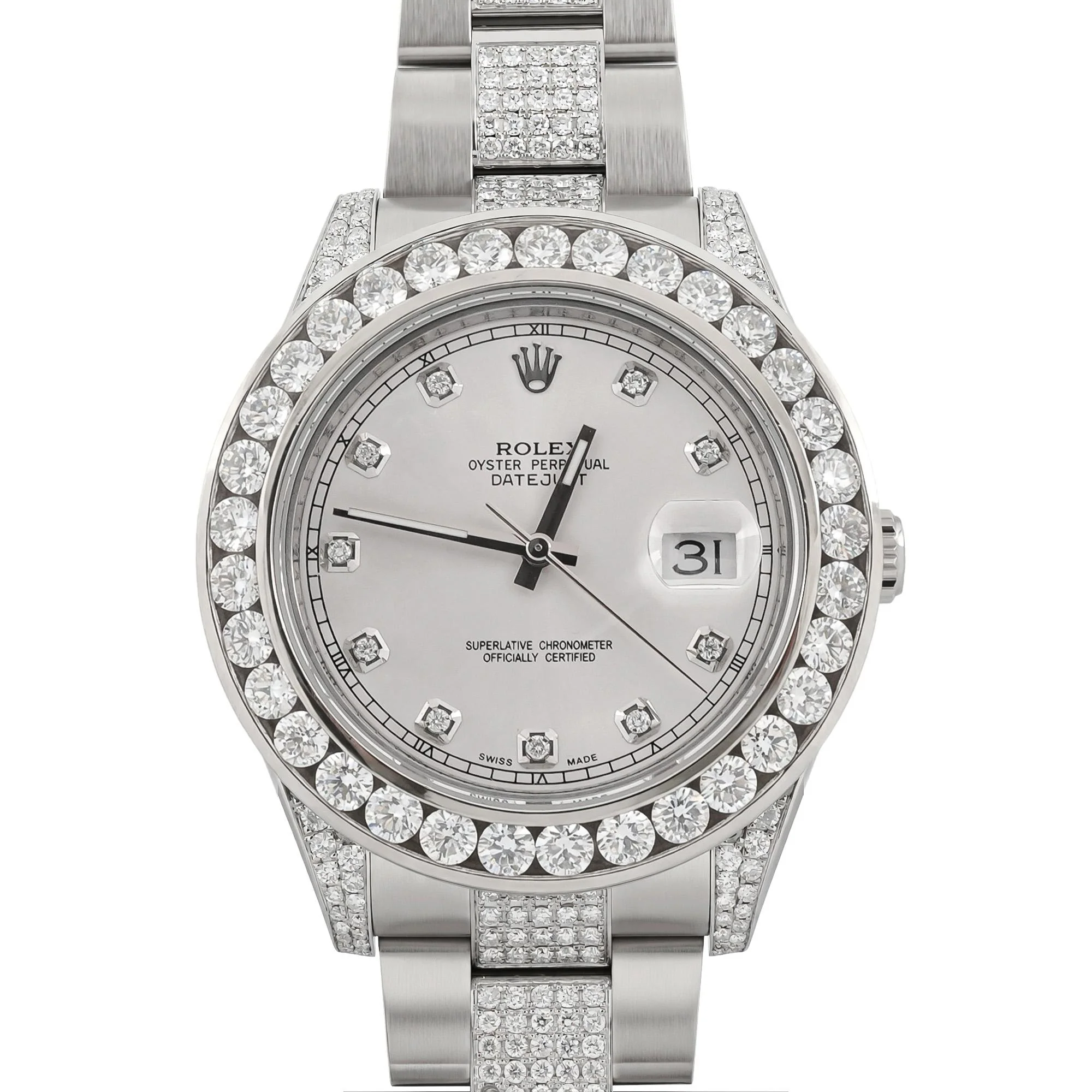 Rolex 116300 Datejust II 41 mm Custom Diamond Bezel Custom Silver Diamond Dial Oyster Bracelet Box and Papers 2013