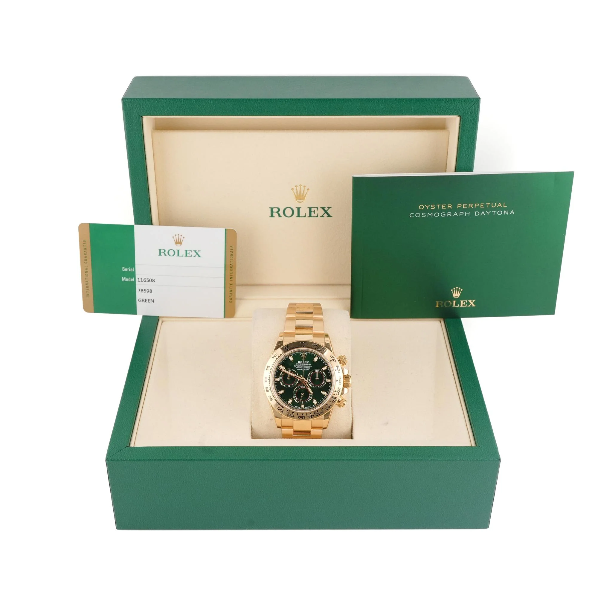 Rolex 116508 Cosmograph Daytona 40 mm 18K Yellow Gold Green Index Dial John Mayer Box and Papers 2019 - Image 2