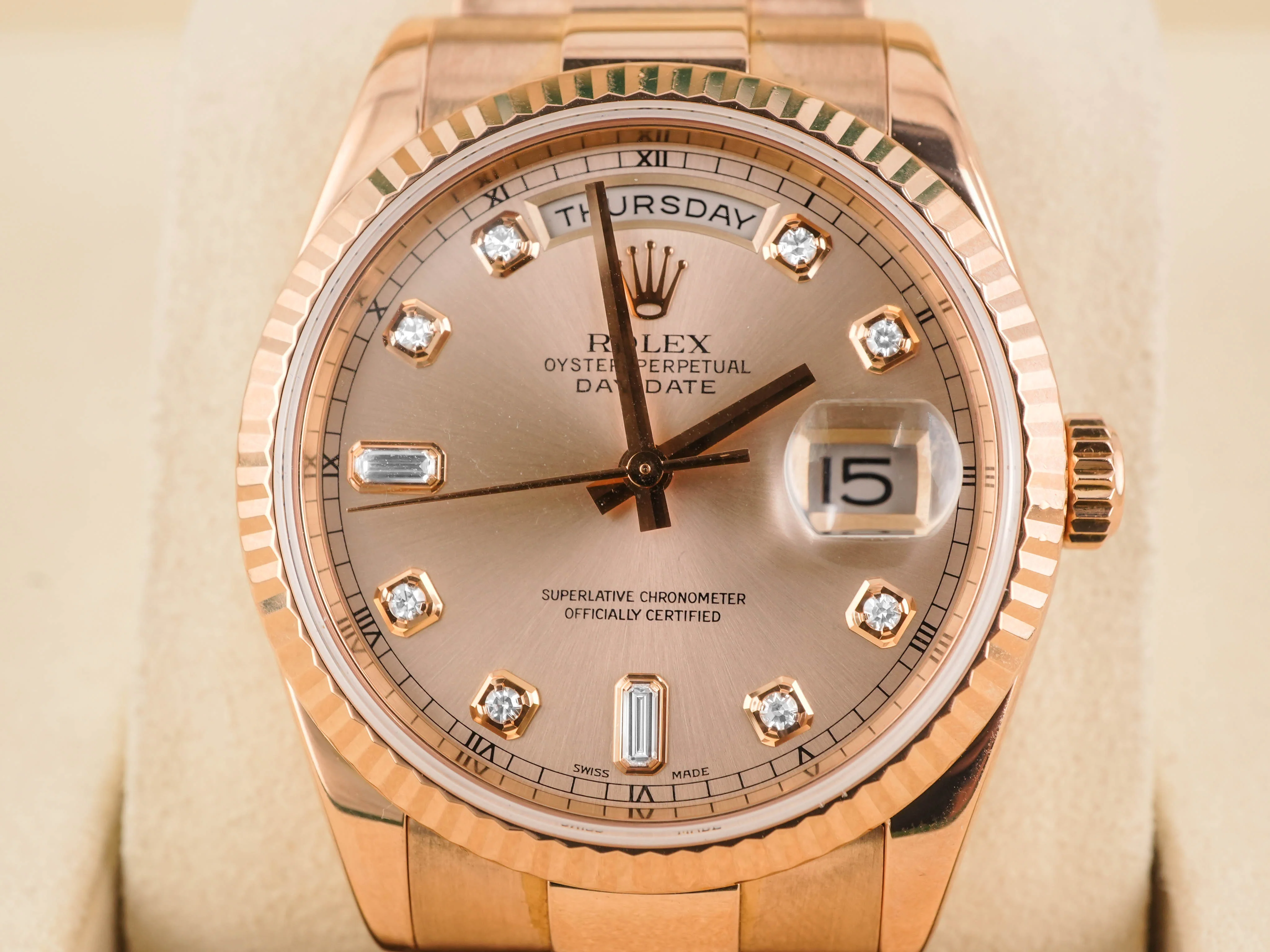 Rolex 118235 Day-Date 36 mm 18K Rose Gold Pink Champagne Diamond Dial President Bracelet 2005 - Image 3