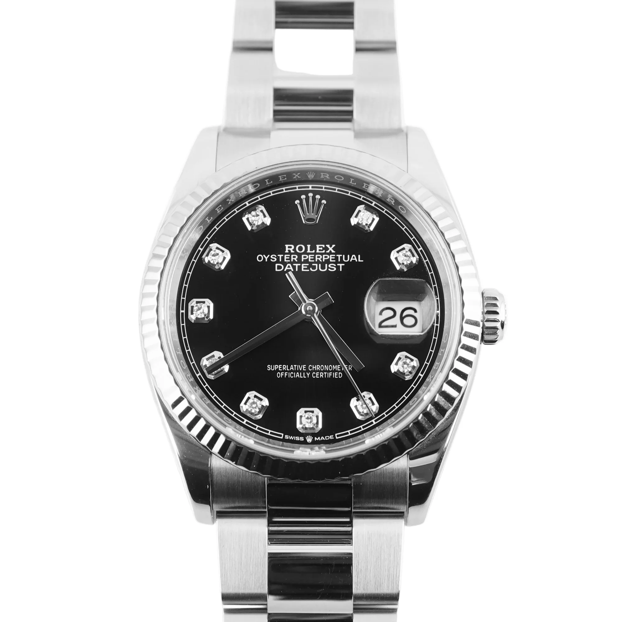 Rolex 126234 Datejust 36 mm Fluted Bezel Black Diamond Dial Jubilee Bracelet Box and Papers 2023