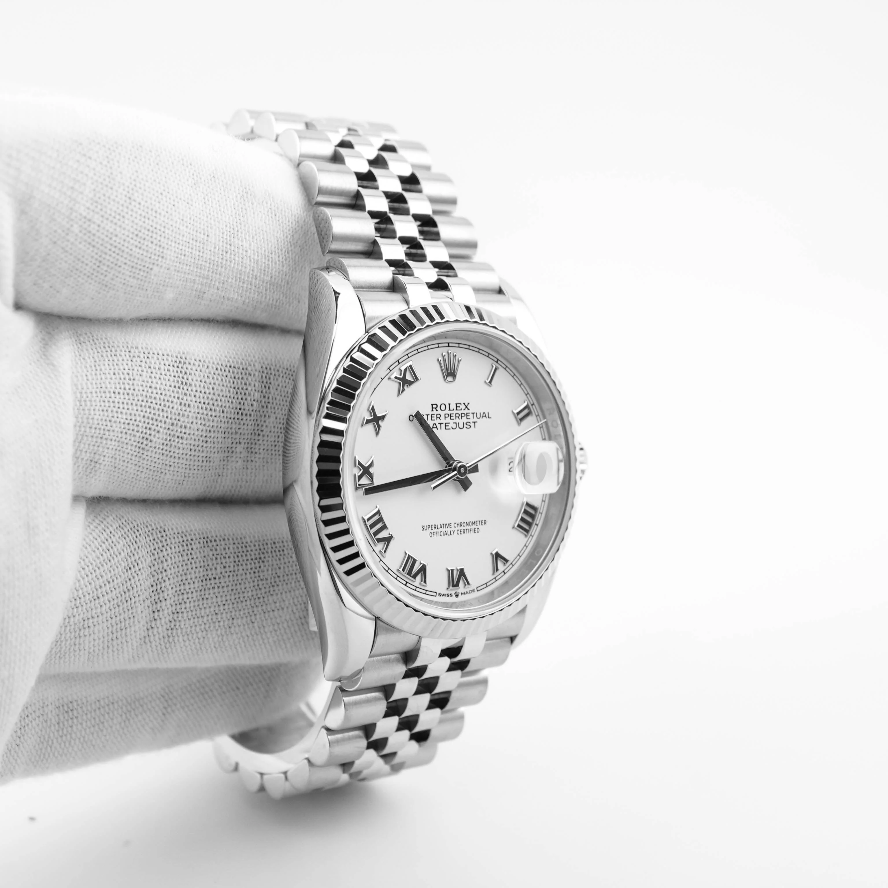 Rolex 126234 Datejust 36 mm Fluted Bezel White Roman Dial Jubilee Bracelet Box and Papers 2021 - Image 4