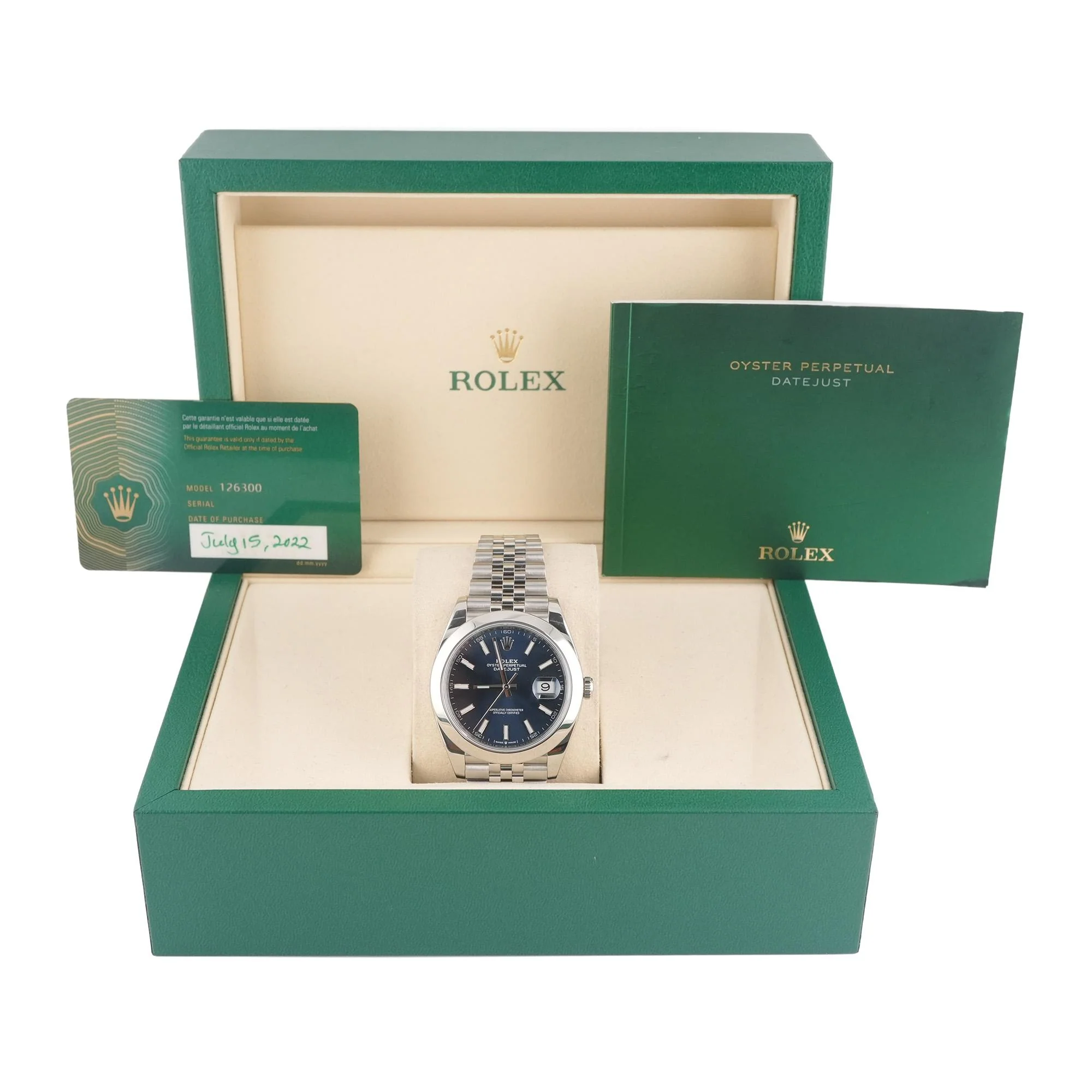 Rolex 126300 Datejust 41 mm Smooth Bezel Blue Index Dial Jubilee Bracelet Box and Papers 2022 - Image 2