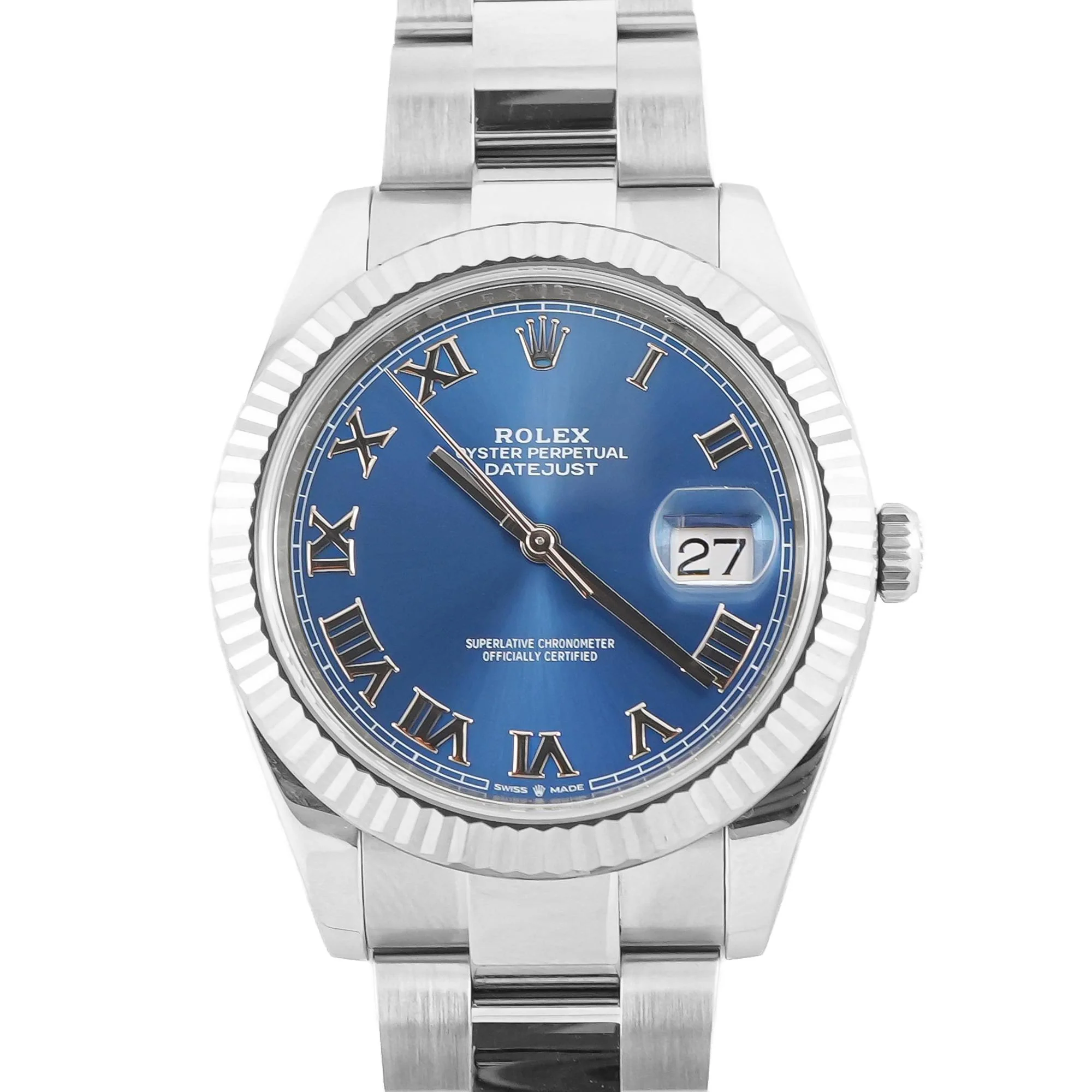 Rolex 126334 Datejust 41 mm Fluted Bezel Blue Roman Dial Oyster Bracelet Box and Papers 2020