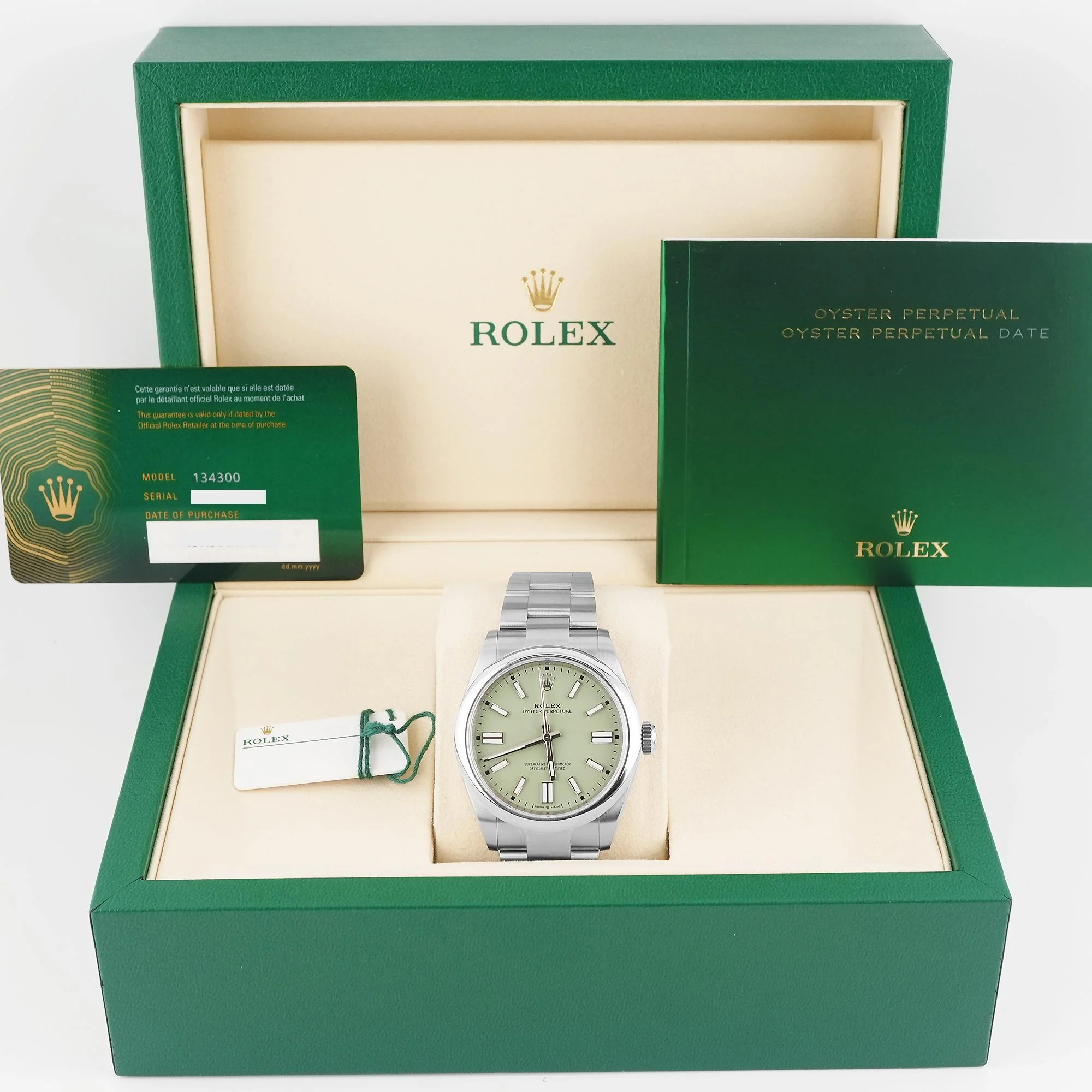 Rolex 134300 Oyster Perpetual 41 mm Smooth Bezel Pistachio Dial Oyster Bracelet Box and Papers 2025 - Image 2