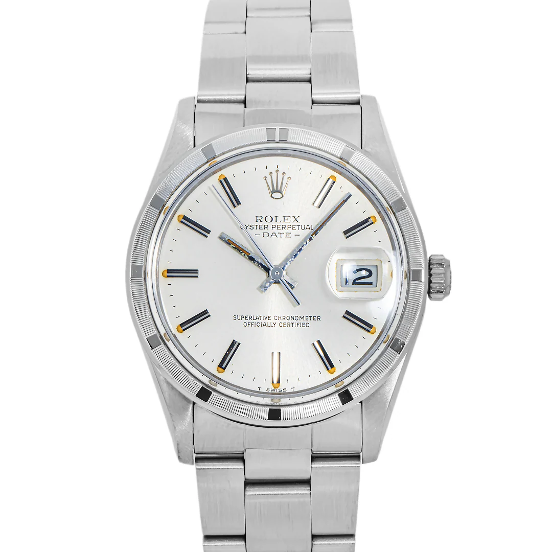 Rolex 15010 Oyster Perpetual Date 34 mm Engine Turned Bezel Silver Index Dial Oyster Bracelet 1982