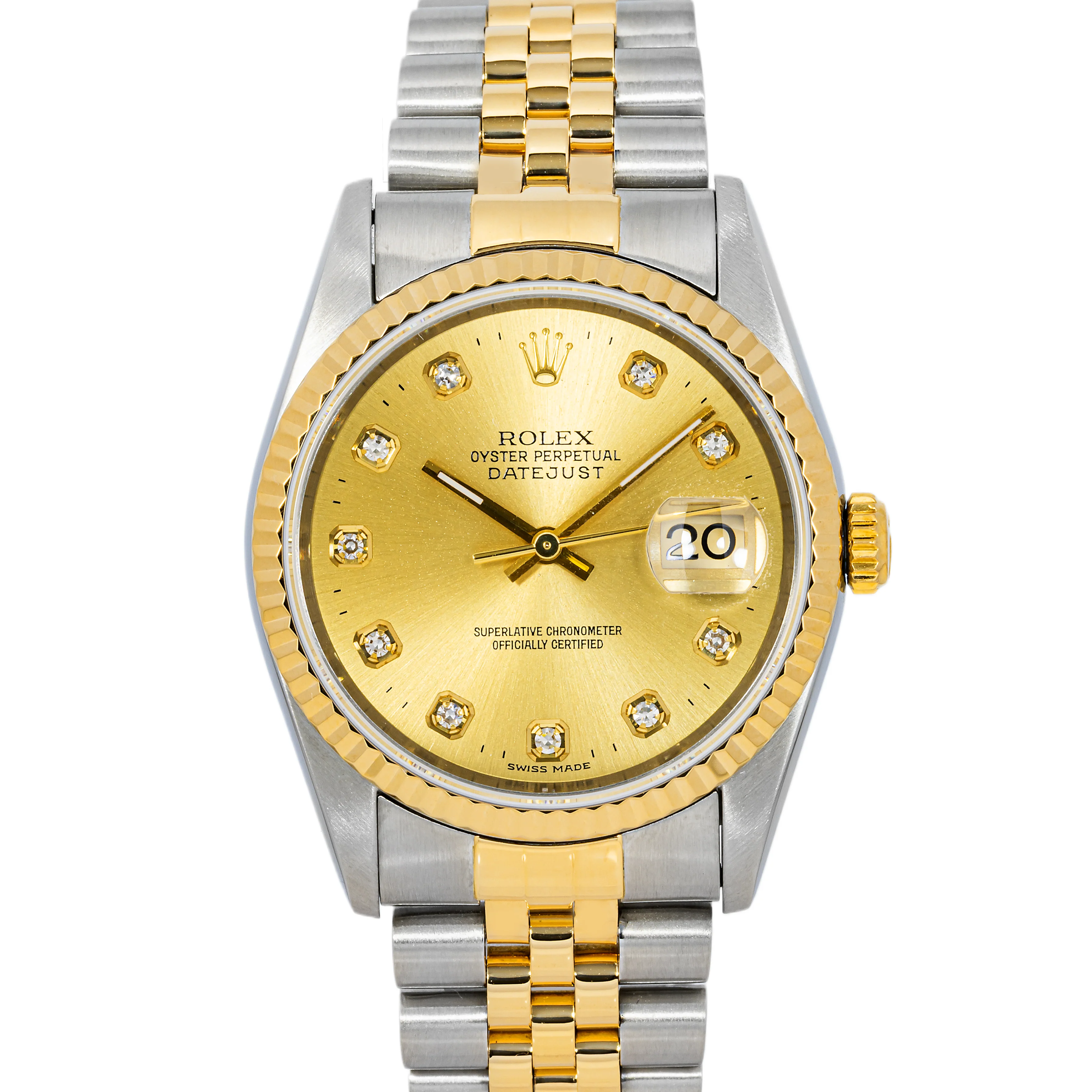 Rolex 16233 Datejust 36 mm Fluted Bezel Champagne Diamond Dial Jubilee Bracelet Box 1994