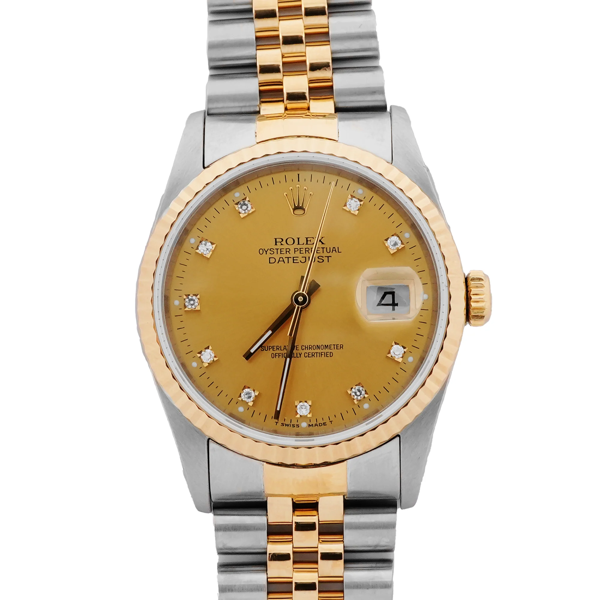 Rolex 16233 Datejust 36 mm Fluted Bezel Champagne Diamond Dial Jubilee Bracelet Box & Papers 1994