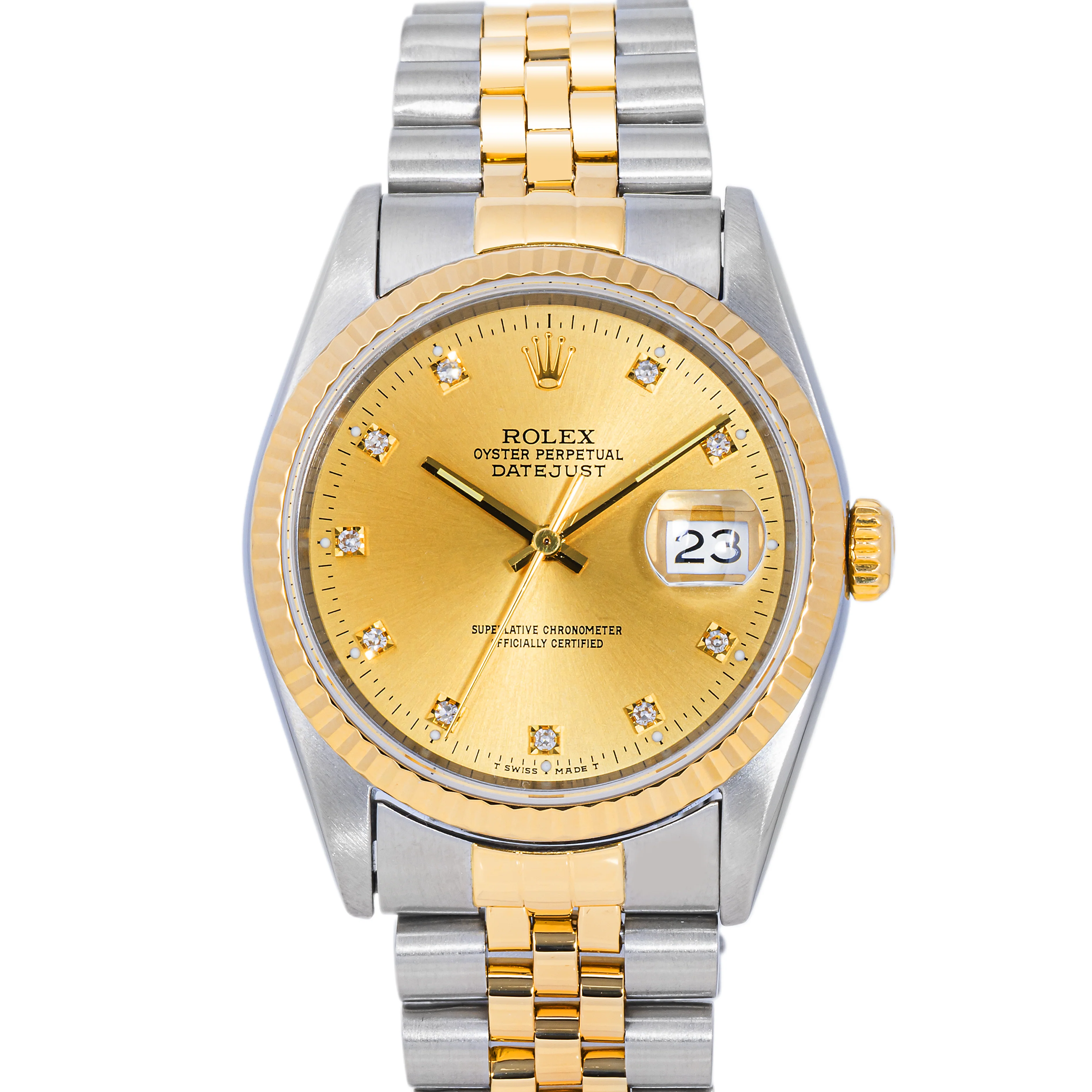 Rolex 16233 Datejust 36 mm Fluted Bezel Champagne Diamond Dial Jubilee Bracelet Box 1994