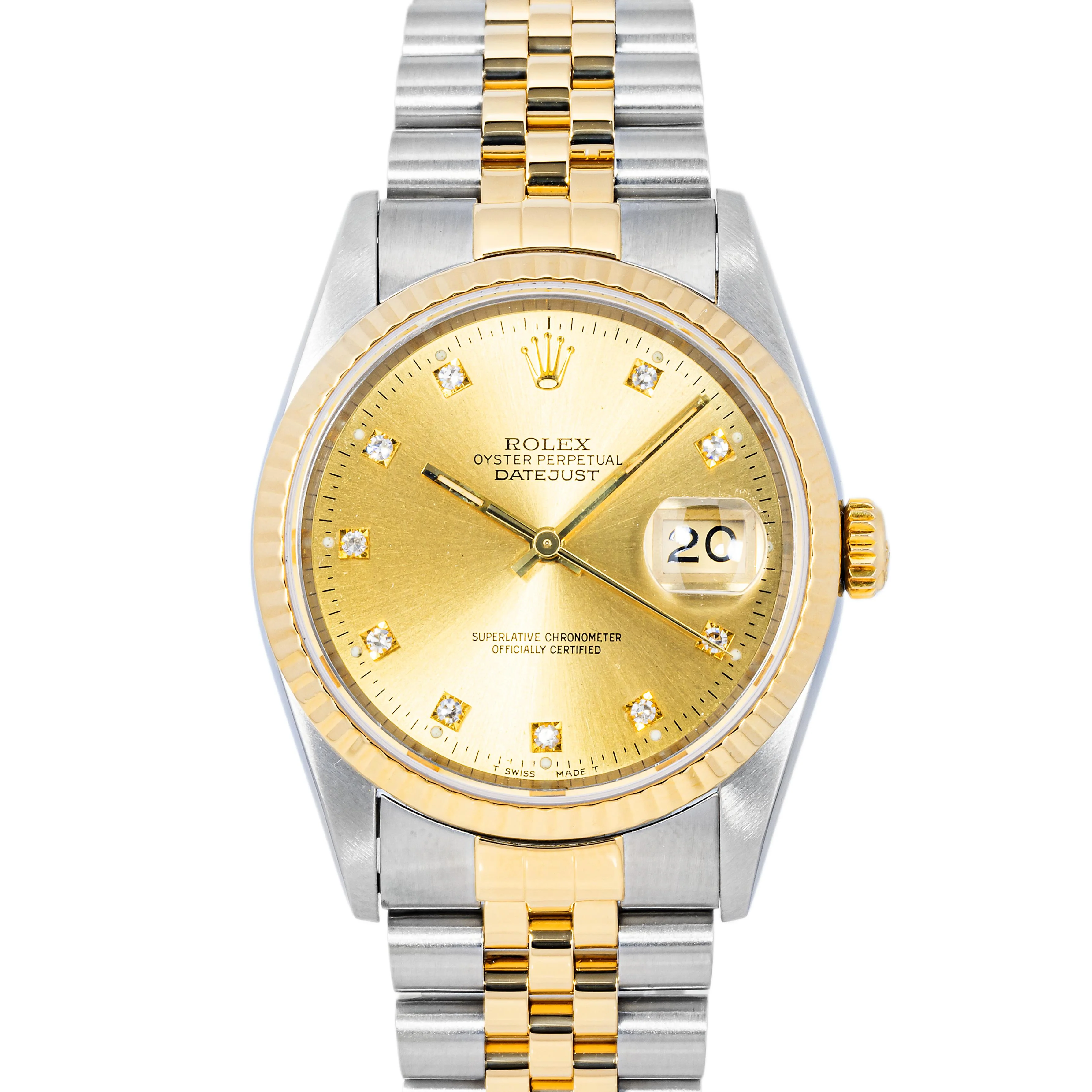 Rolex 16233 Datejust 36 mm Fluted Bezel Champagne Diamond Dial Jubilee Bracelet Box 1994