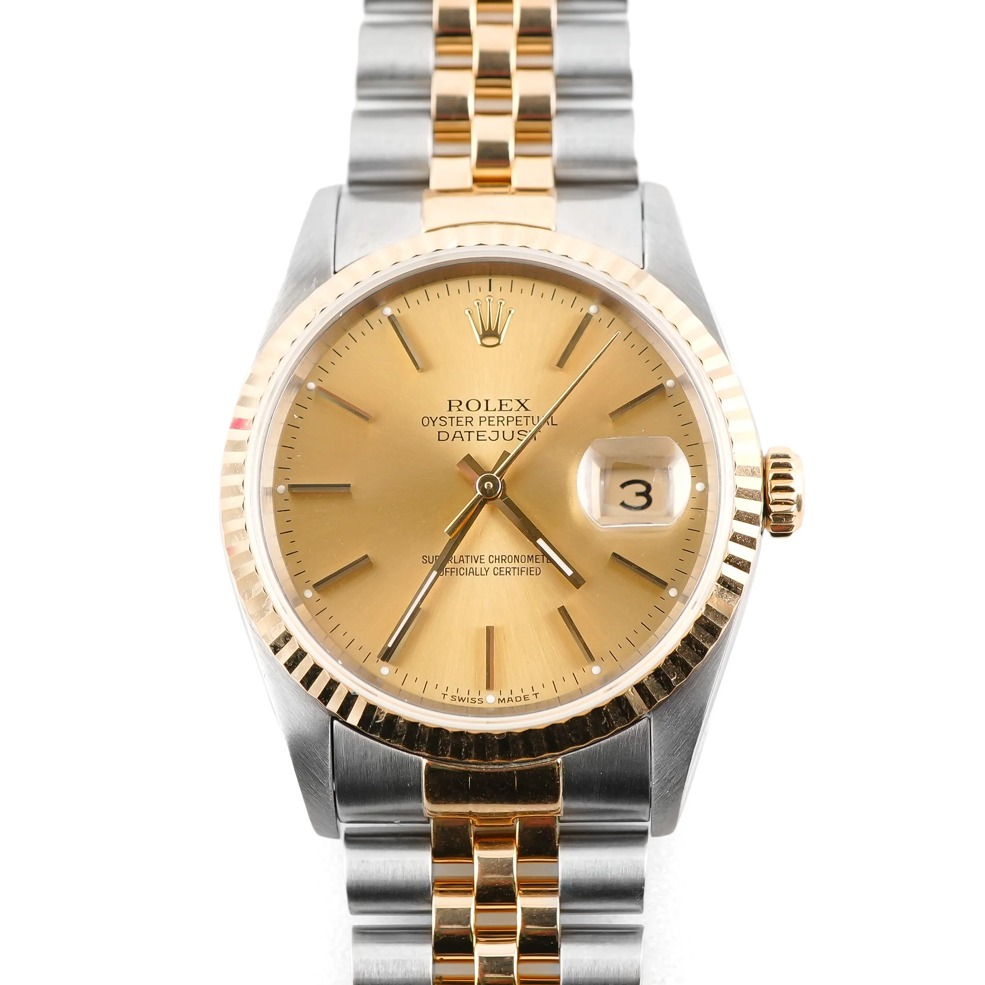 Rolex 16233 Datejust 36 mm Fluted Bezel Champagne Index Dial Jubilee Bracelet Box and Papers 1996