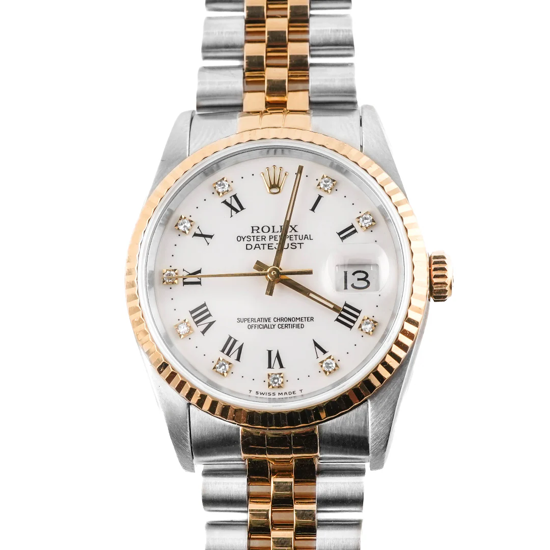 Rolex 16233 Datejust 36 mm Fluted Bezel Diamond White Dial Jubilee Bracelet Box and Papers 1990