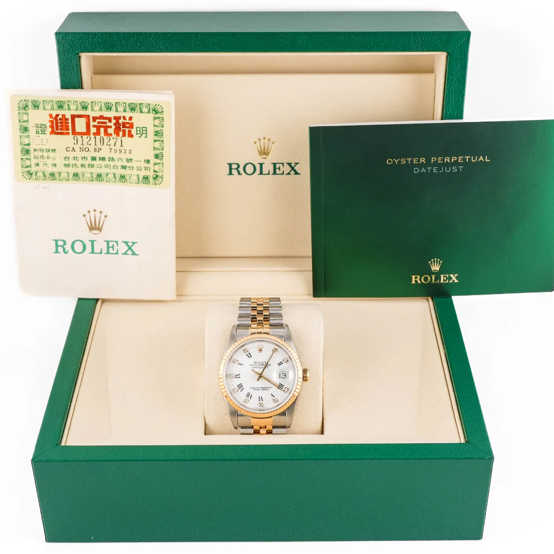 Rolex 16233 Datejust 36 mm Fluted Bezel Diamond White Dial Jubilee Bracelet Box and Papers 1990 - Image 2