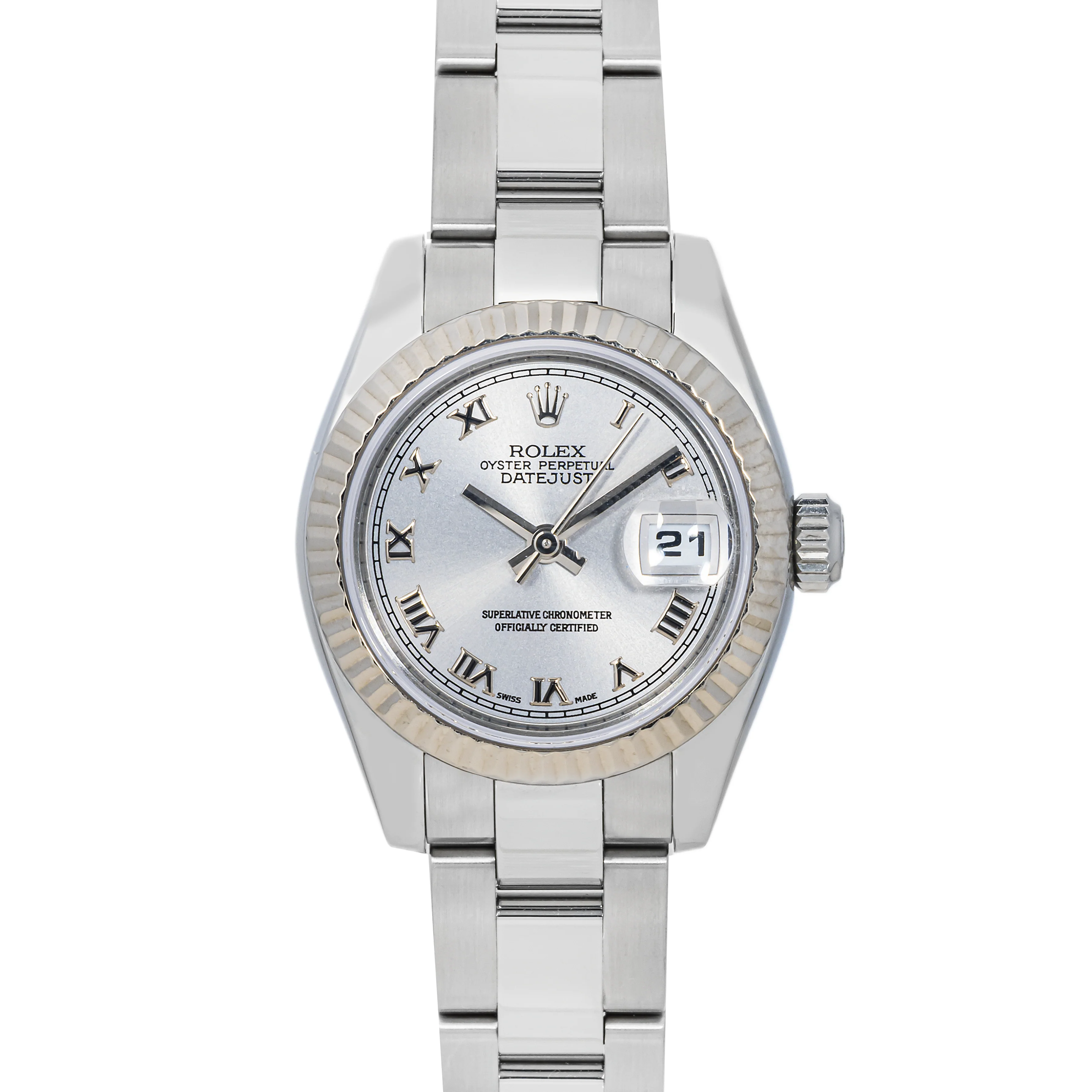 Rolex 179174 Lady-Datejust 26mm Fluted Bezel Rhodium Roman Dial Oyster Bracelet Box and CPO 2026