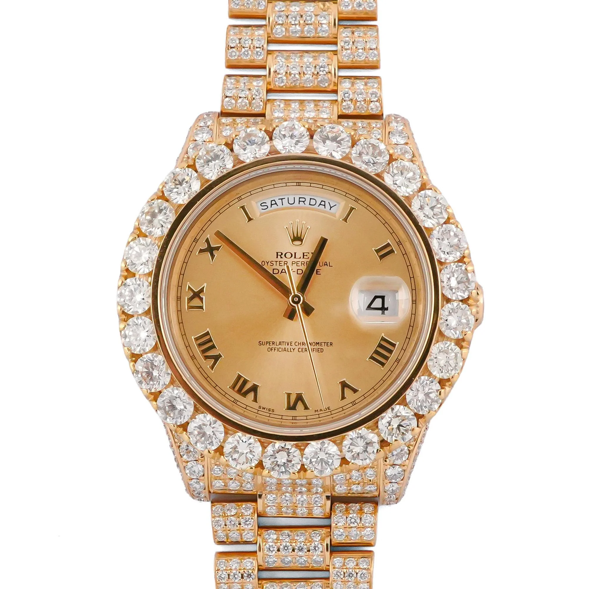 Rolex 218238 Day-Date 41 mm 18K Yellow Gold Aftermarket Diamond Bezel Champagne Roman Dial Aftermarket Diamond Bracelet Box 2014