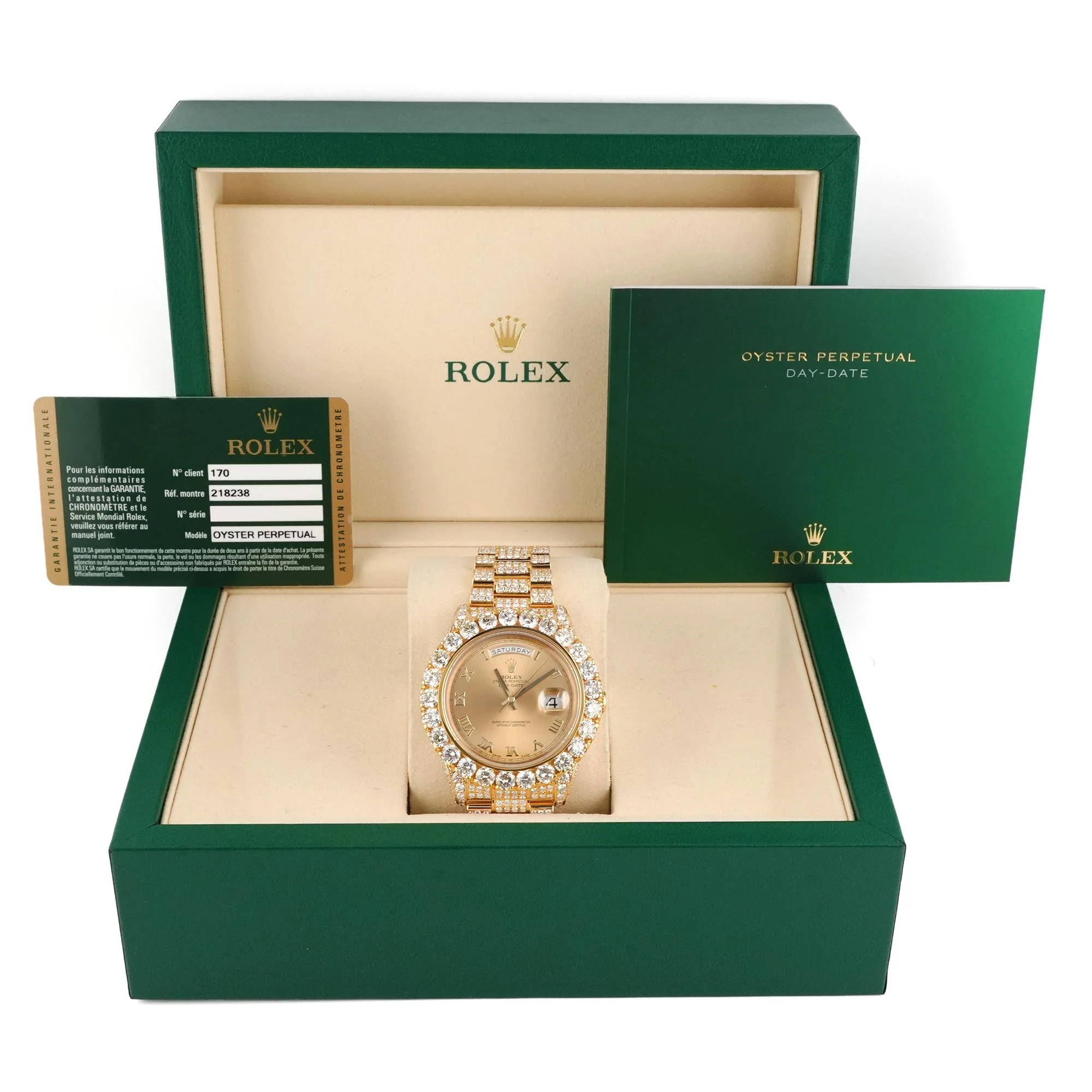 Rolex 218238 Day-Date 41 mm 18K Yellow Gold Aftermarket Diamond Bezel Champagne Roman Dial Aftermarket Diamond Bracelet Box 2014 - Image 2