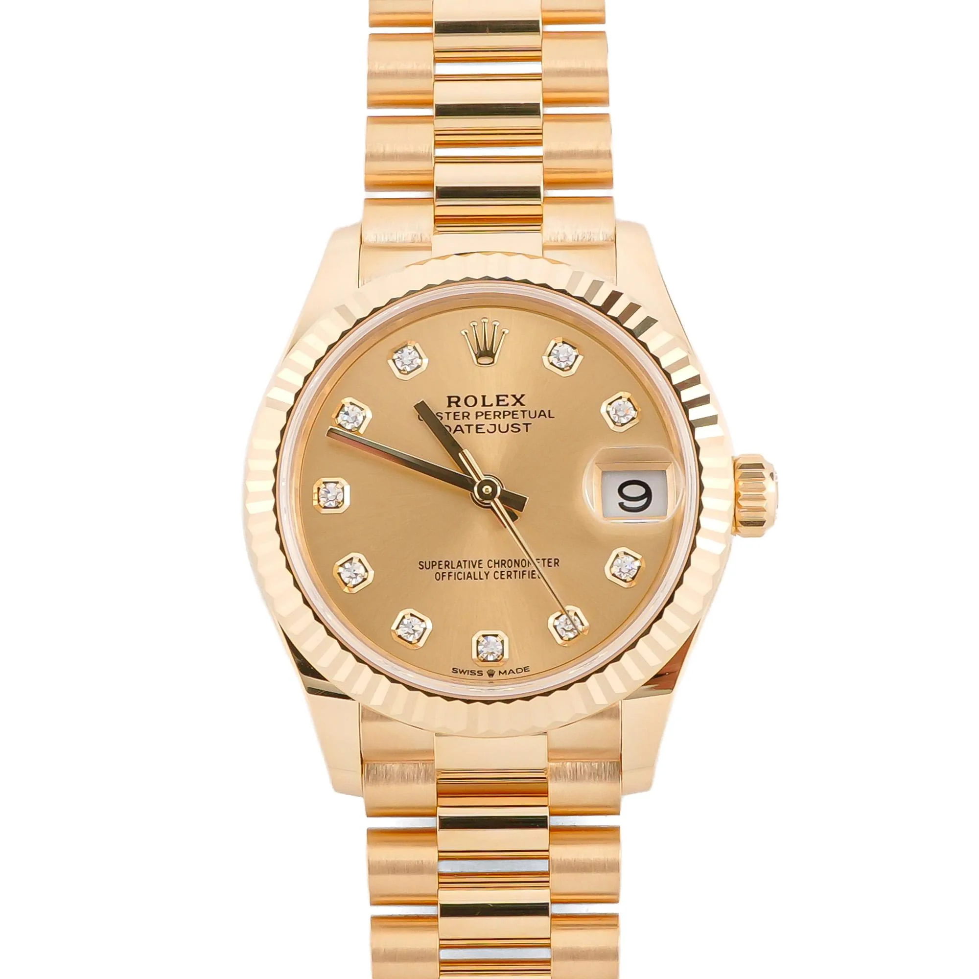 Rolex 278278 Datejust 31 mm 18K Yellow Gold Fluted Bezel Champagne Diamond Dial President Bracelet Box and Papers 2026