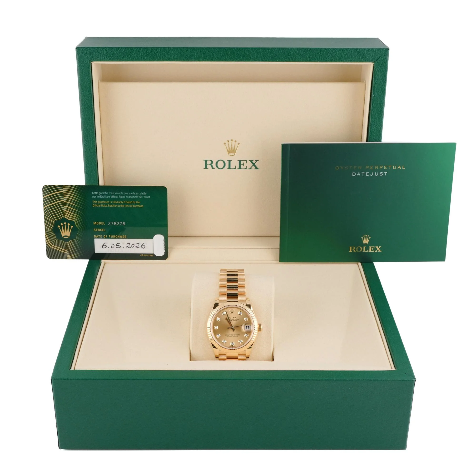 Rolex 278278 Datejust 31 mm 18K Yellow Gold Fluted Bezel Champagne Diamond Dial President Bracelet Box and Papers 2026 - Image 2