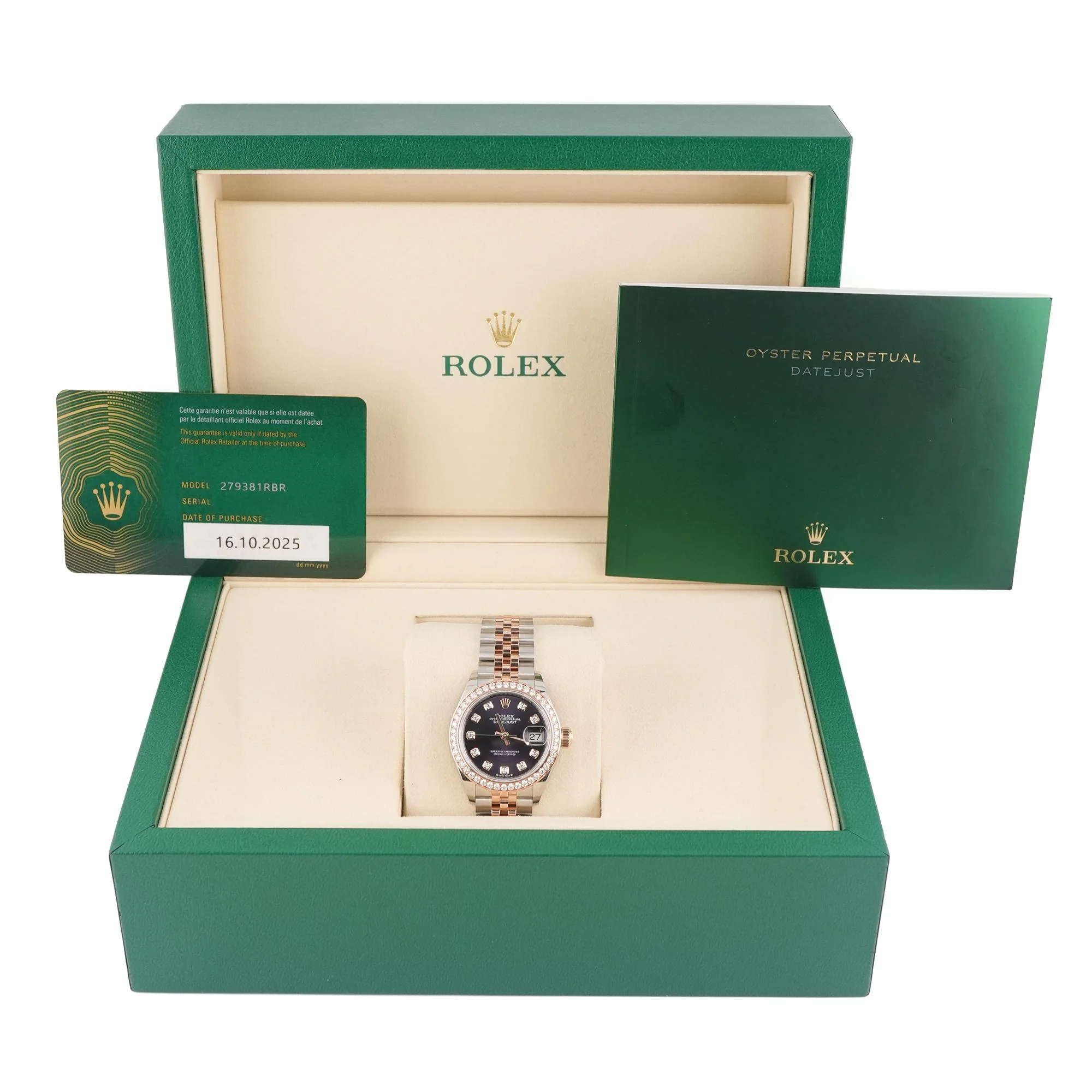 Rolex 279381RBR Lady-Datejust 18K Rose Gold 28 mm Aubergine Diamond Dial Jubilee Bracelet Box and Papers 2025 - Image 2