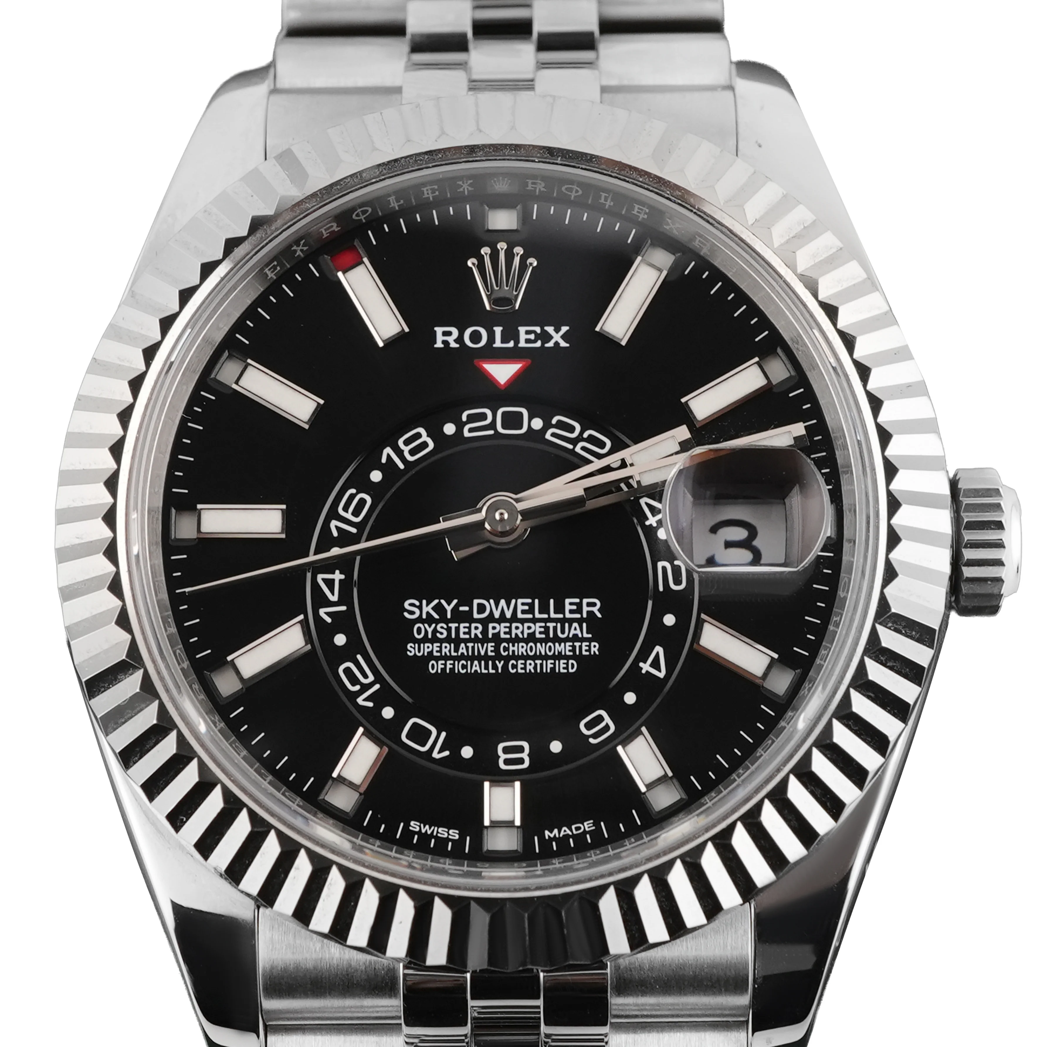 Rolex 326934 Sky-Dweller 42 mm Fluted Bezel Black Index Dial Jubilee Bracelet Box and Papers 2023 - Image 3