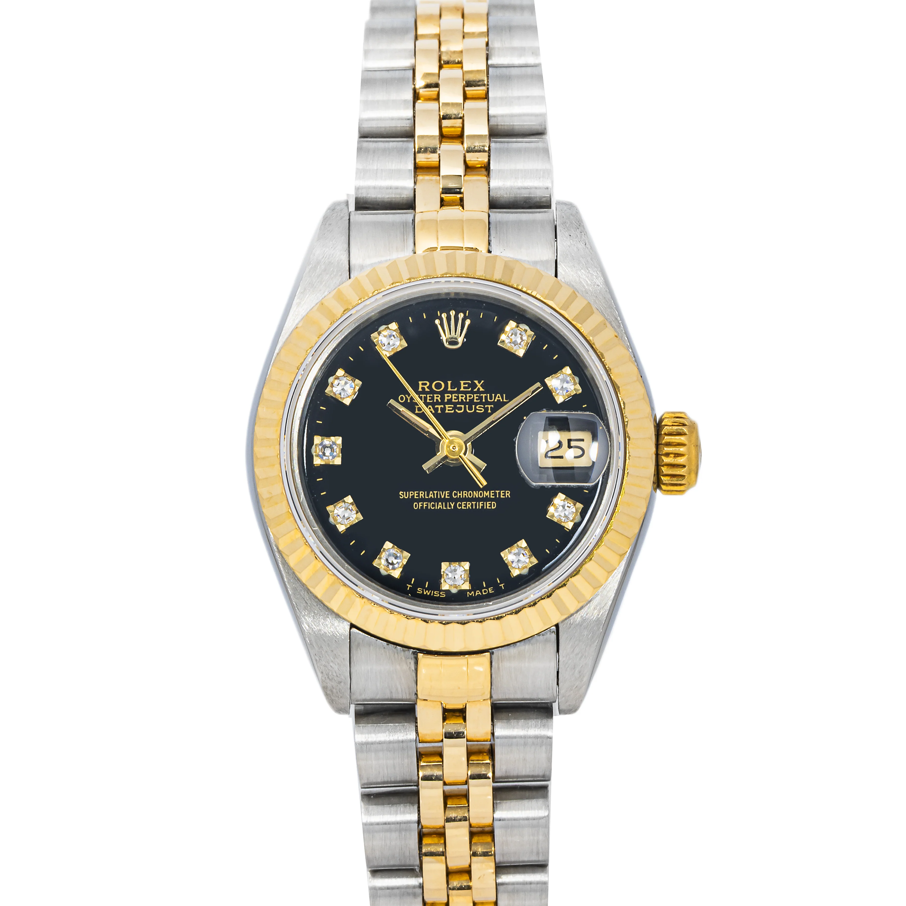Rolex 69173 Lady-Datejust 26 mm Black Diamond Dial Jubilee Bracelet Box and Papers 1990