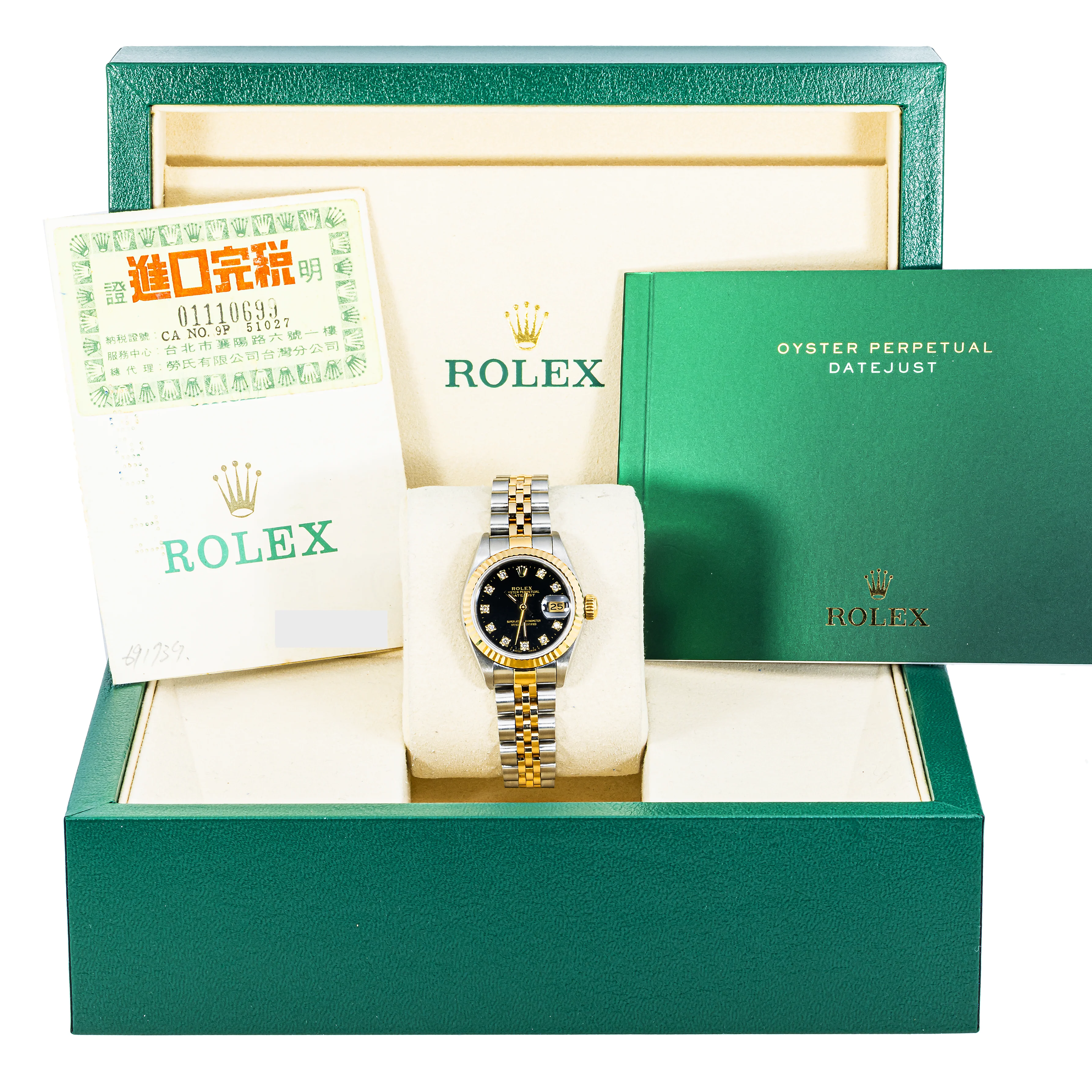 Rolex 69173 Lady-Datejust 26 mm Black Diamond Dial Jubilee Bracelet Box and Papers 1990 - Image 2