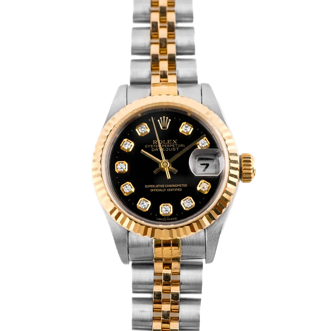 Rolex 69173 Lady-Datejust 26 mm Black Diamond Dial Jubilee Bracelet Box and Papers 1994