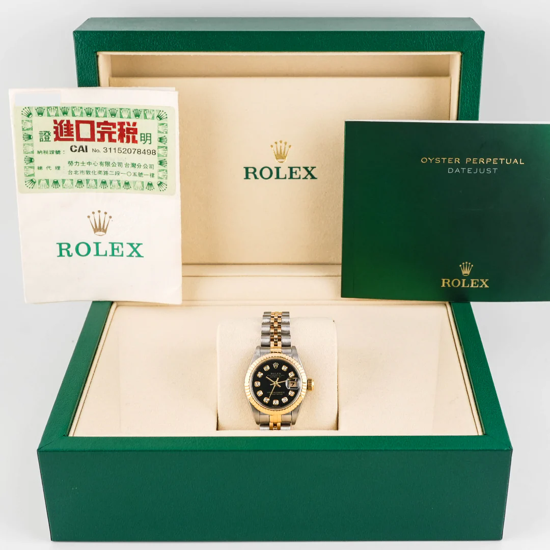 Rolex 69173 Lady-Datejust 26 mm Black Diamond Dial Jubilee Bracelet Box and Papers 1994 - Image 2