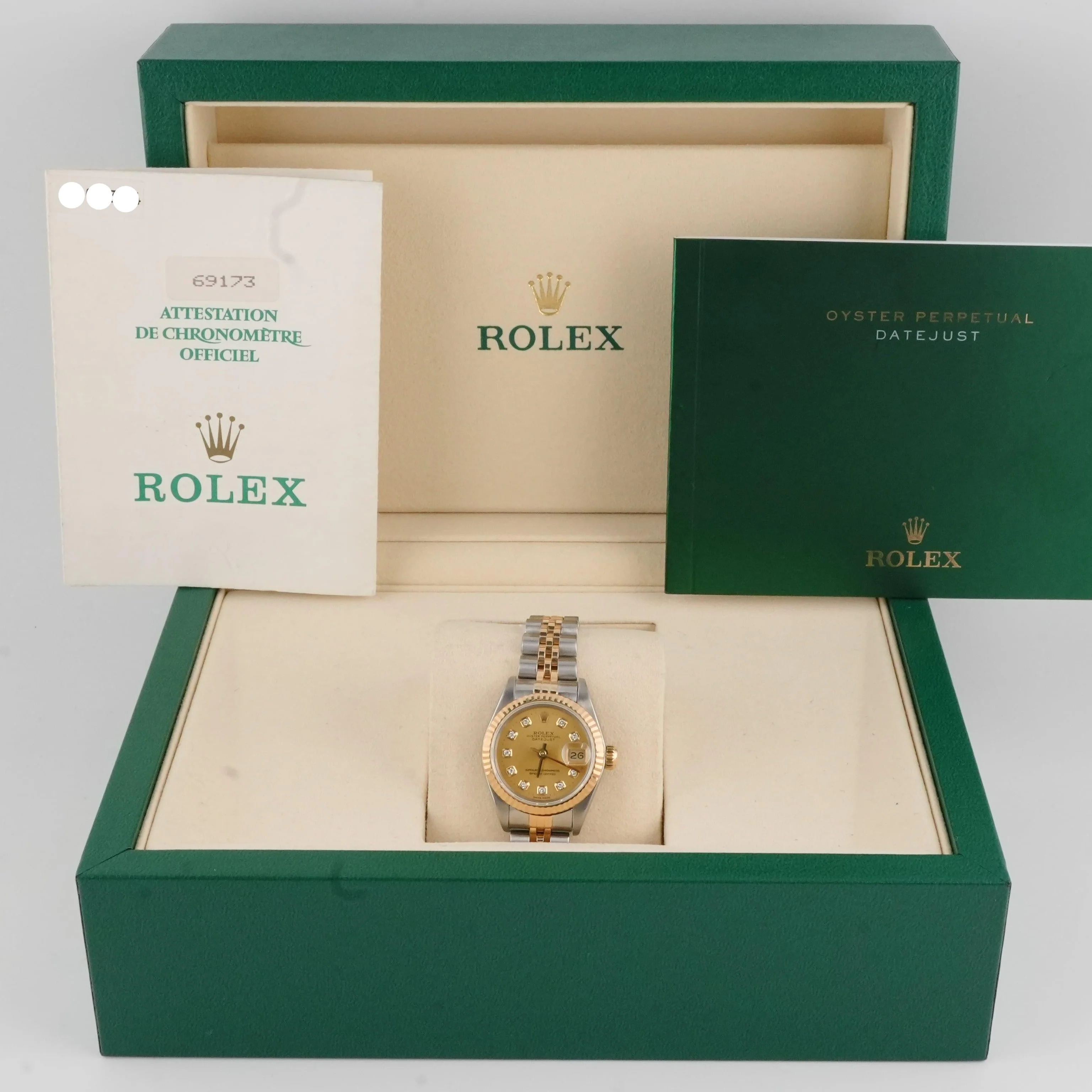 Rolex 69173 Lady-Datejust 26 mm Champagne Diamond Dial Jubilee Bracelet Box and Papers 1996 - Image 2