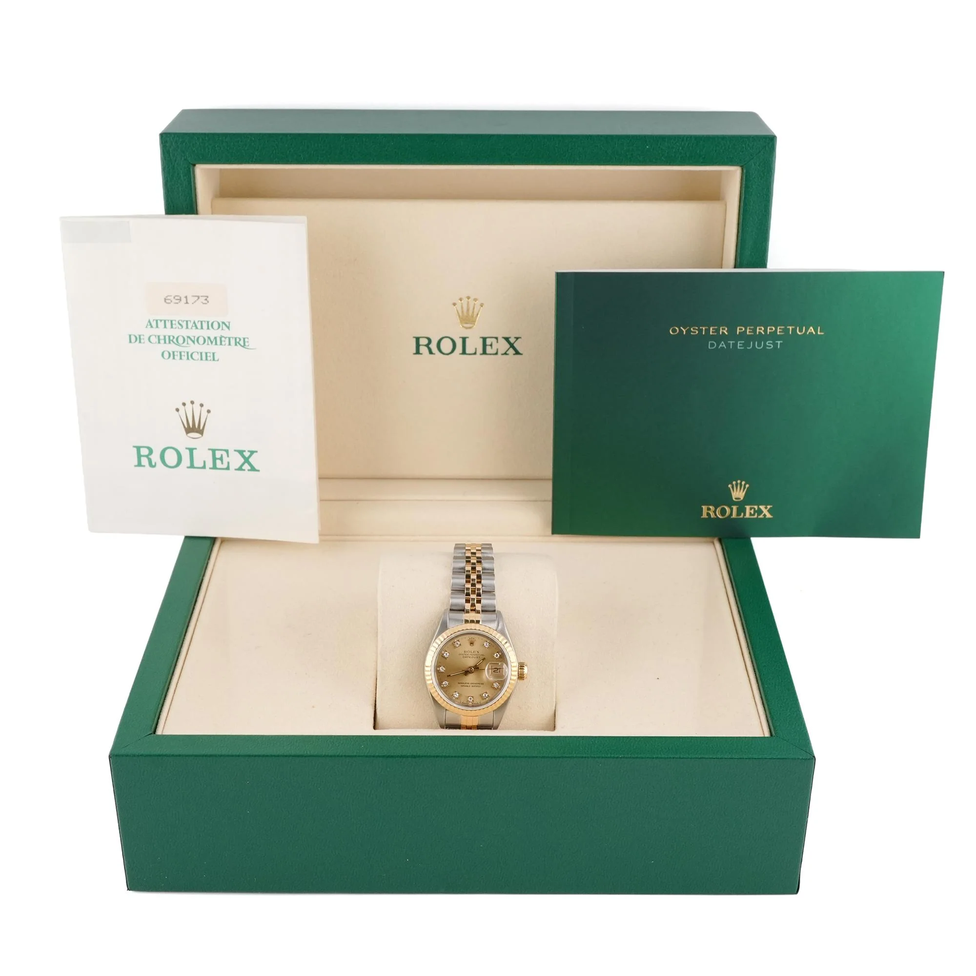 Rolex 69173 Lady-Datejust 26 mm Champagne Diamond Dial Jubilee Bracelet Box and Papers 1990 - Image 2