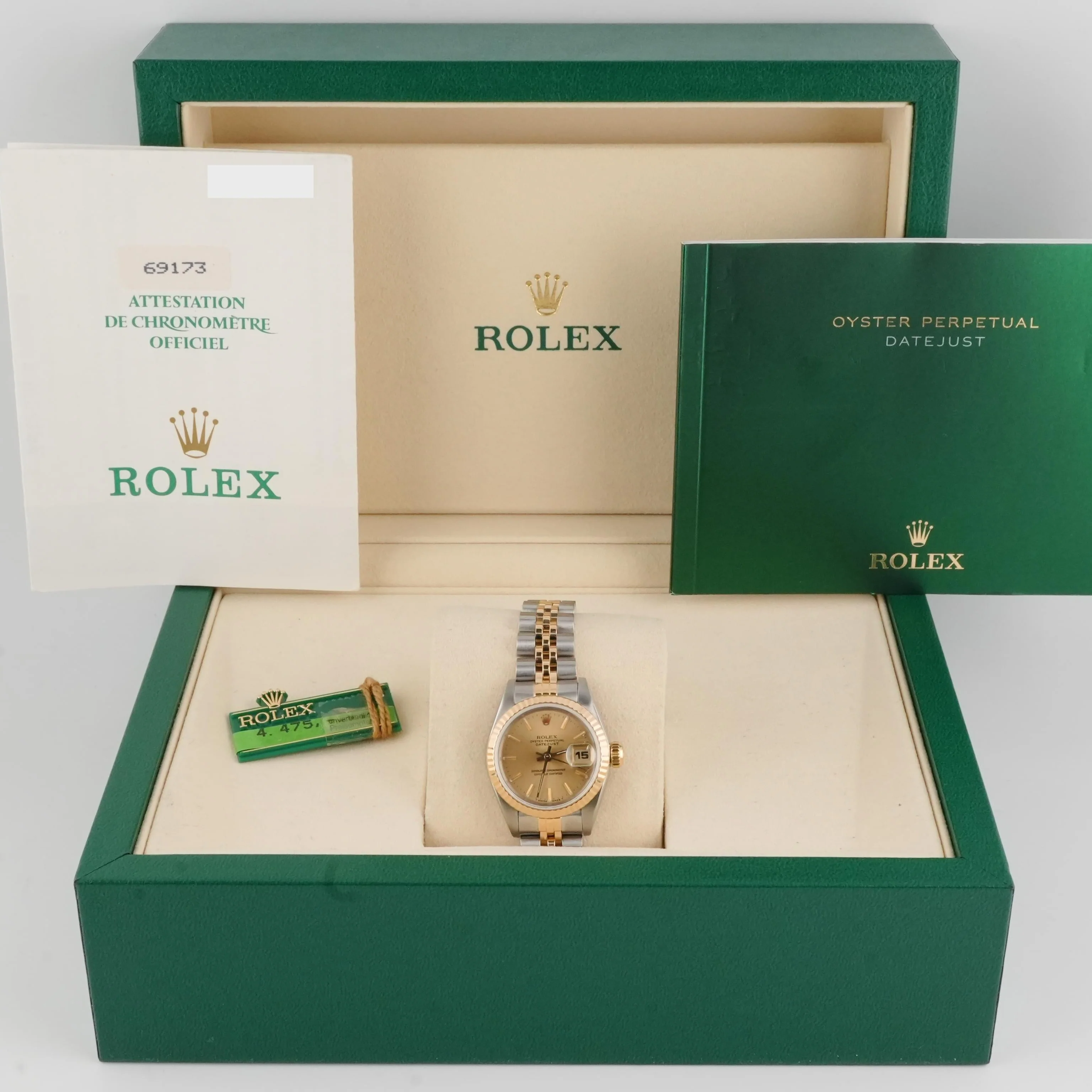 Rolex 69173 Lady-Datejust 26 mm Champagne Index Dial Jubilee Bracelet Box and Papers 1997 - Image 2