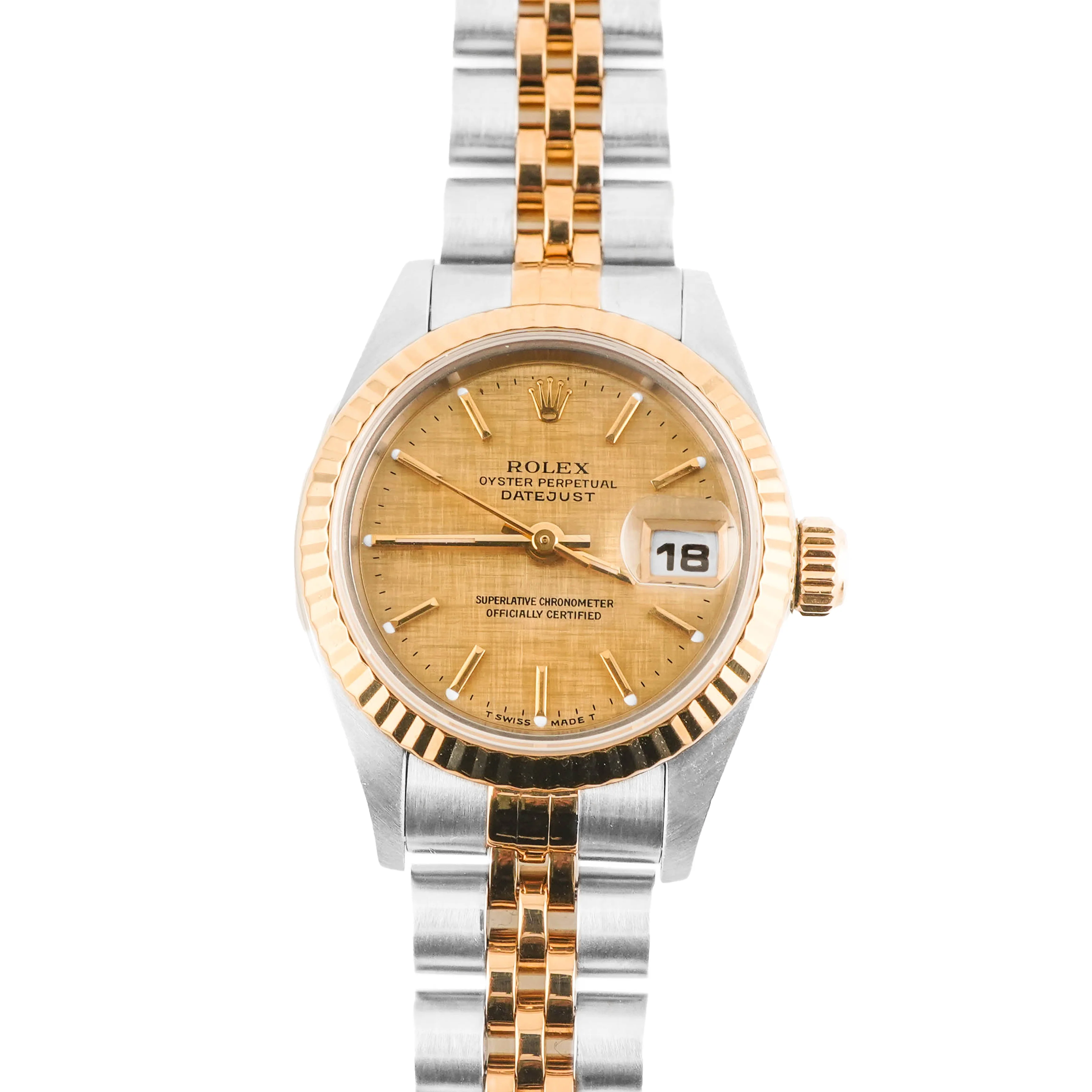 Rolex 69173 Lady-Datejust 26 mm Champagne Linen Stick Dial Jubilee Bracelet Box and Papers 1997
