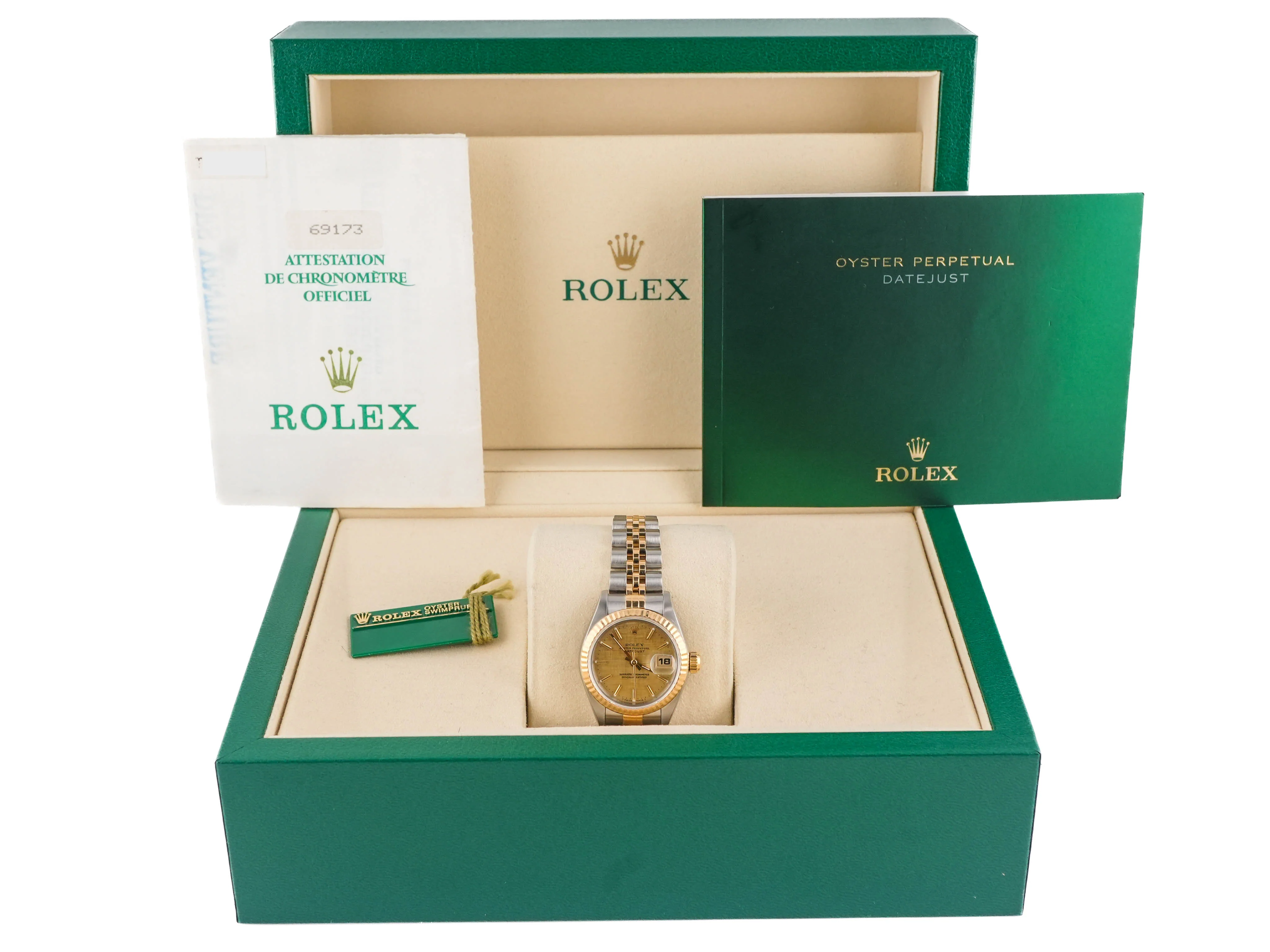 Rolex 69173 Lady-Datejust 26 mm Champagne Linen Stick Dial Jubilee Bracelet Box and Papers 1997 - Image 2