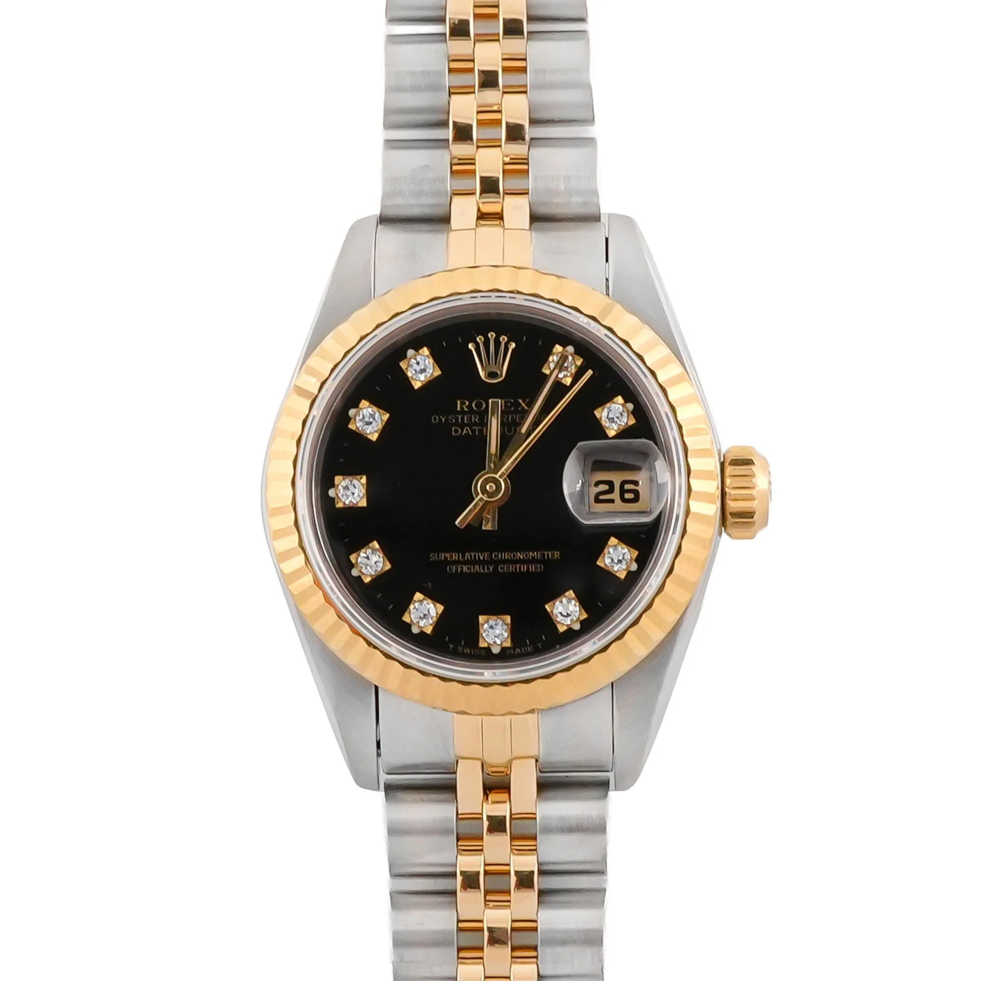 Rolex 69173 Lady-Datejust 26 mm Fluted Bezel Black Diamond Dial Jubilee Bracelet Box and Papers 1991