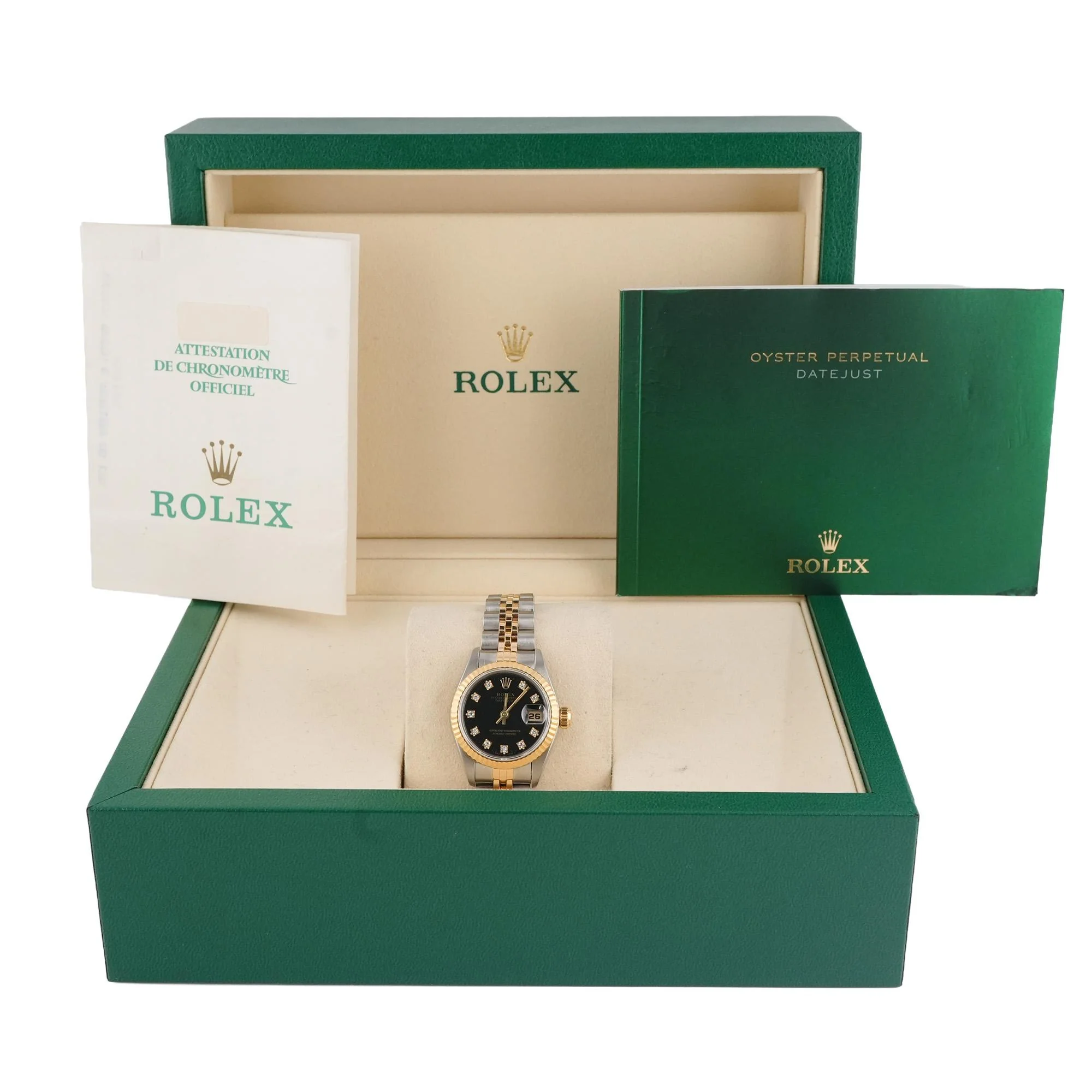 Rolex 69173 Lady-Datejust 26 mm Fluted Bezel Black Diamond Dial Jubilee Bracelet Box and Papers 1991 - Image 2