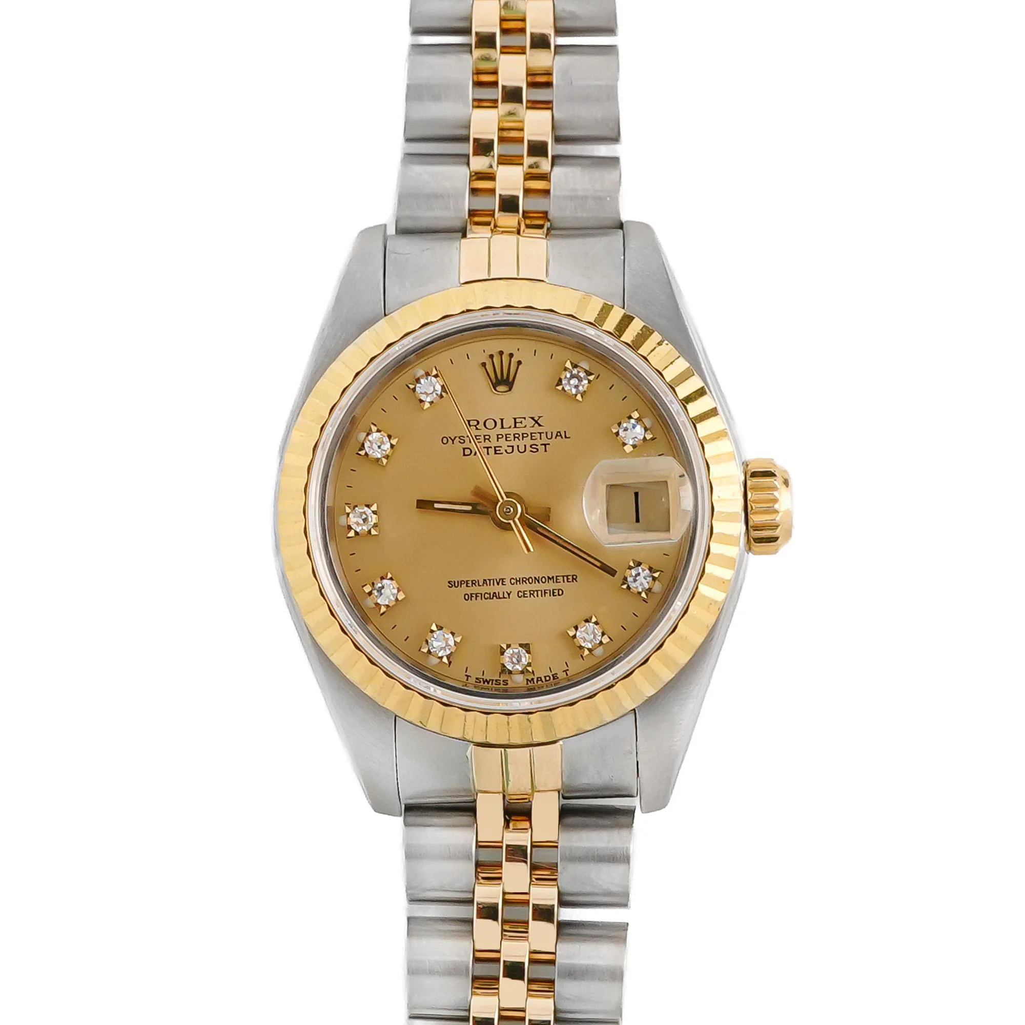 Rolex 69173 Lady-Datejust 26 mm Fluted Bezel Champagne Diamond Dial Jubilee Bracelet Box and Papers 1987