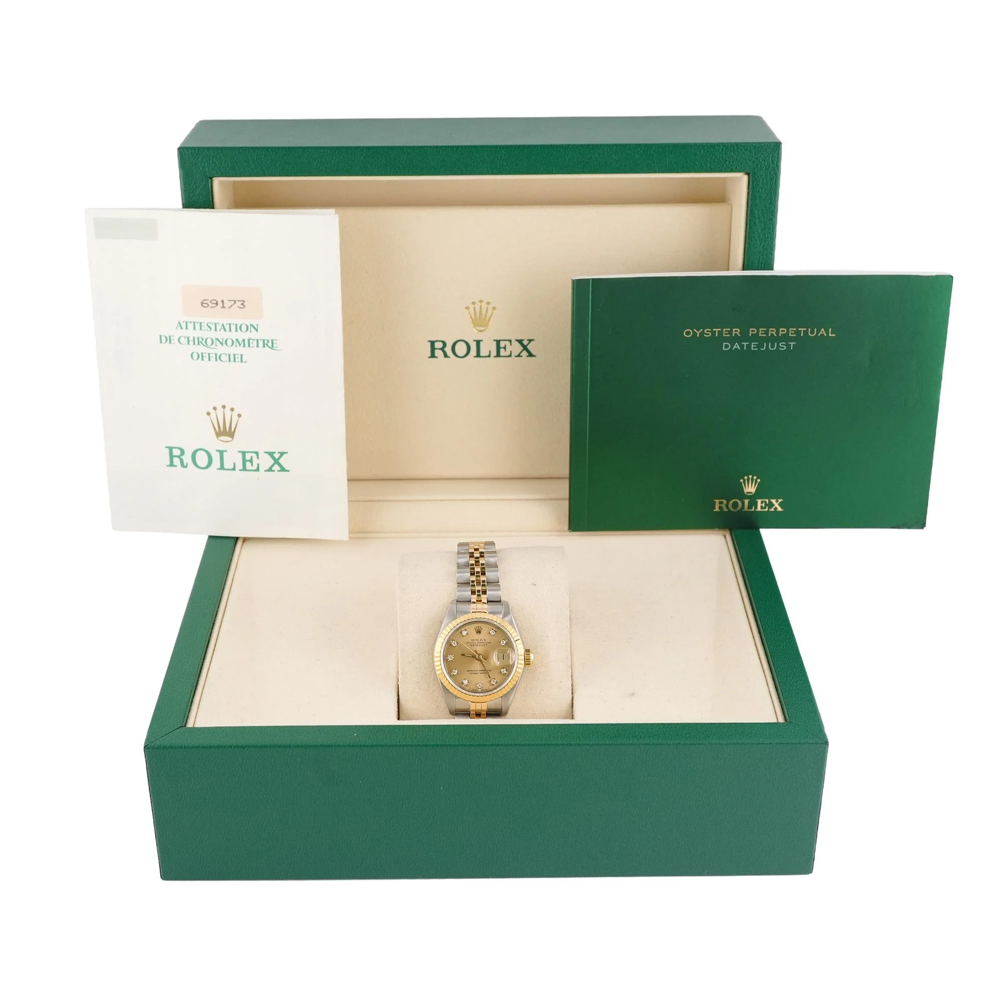 Rolex 69173 Lady-Datejust 26 mm Fluted Bezel Champagne Diamond Dial Jubilee Bracelet Box and Papers 1987 - Image 2